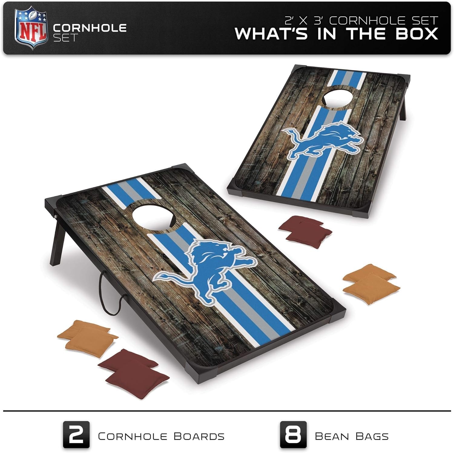 Wild Sports NFL 2′ x 3′ MDF Deluxe Cornhole Set – with Corners and Aprons(Detroit Lions)
