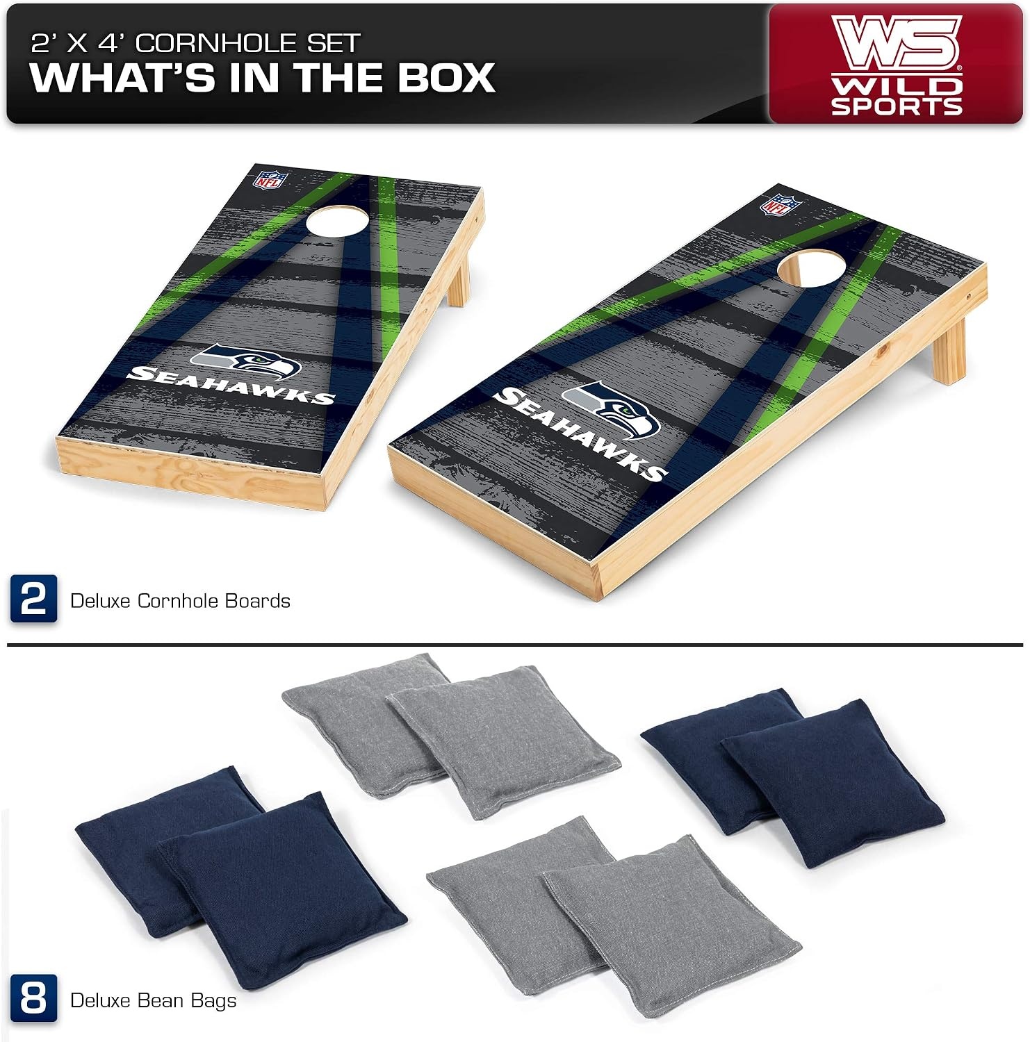 NFL Pro Football 2′ x 4′ Wood Direct Print Tournament Cornhole Set by Wild Sports, Comes with 8 Bean Bags – Perfect for Tailgate, Outdoor, Backyard(Seattle Seahawks)