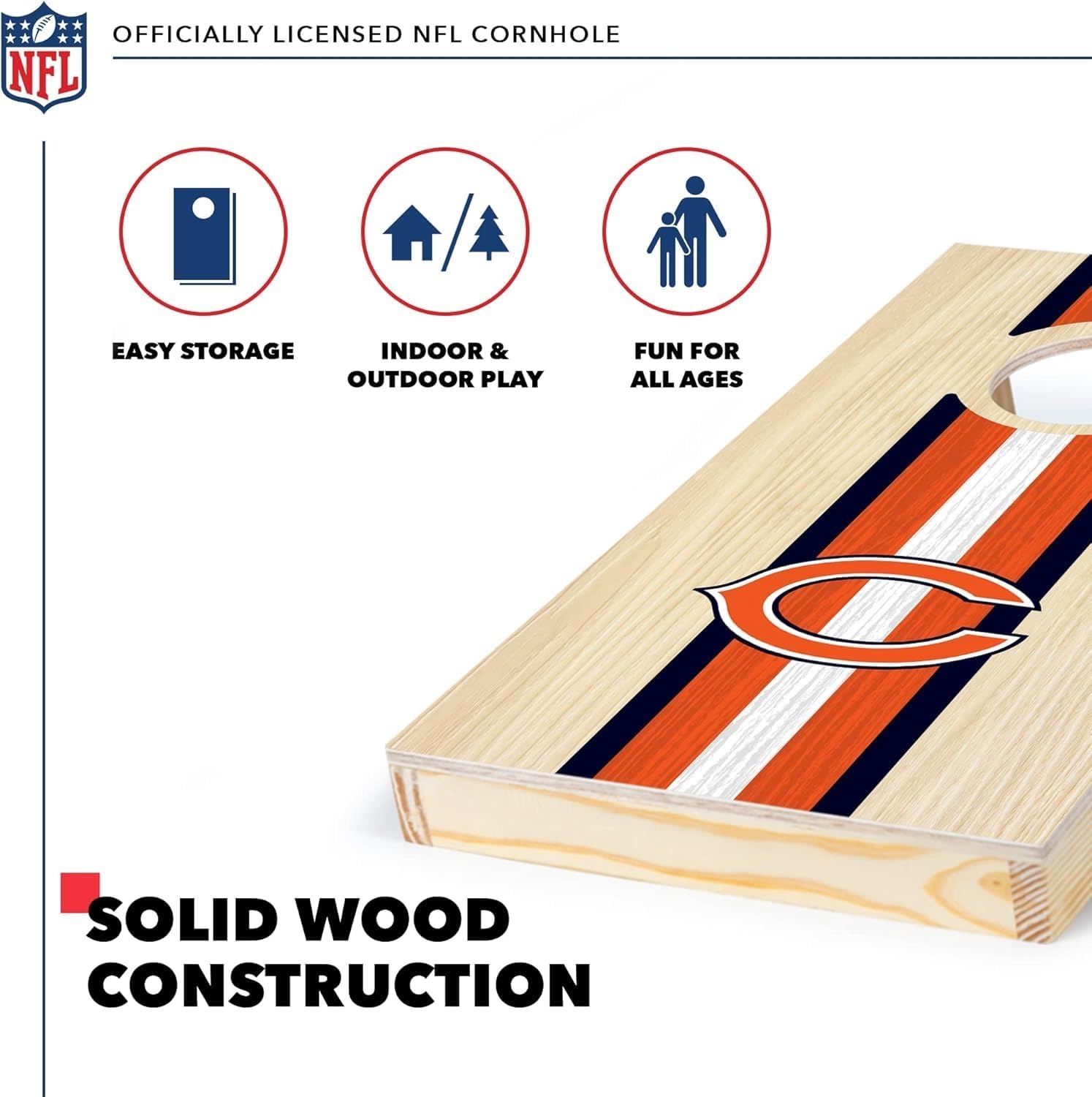 NFL Football Portable Size 1′ x 2′ Solid Wood Cornhole Set with Direct Print HD Team Graphics – Travel Size(Chicago Bears)