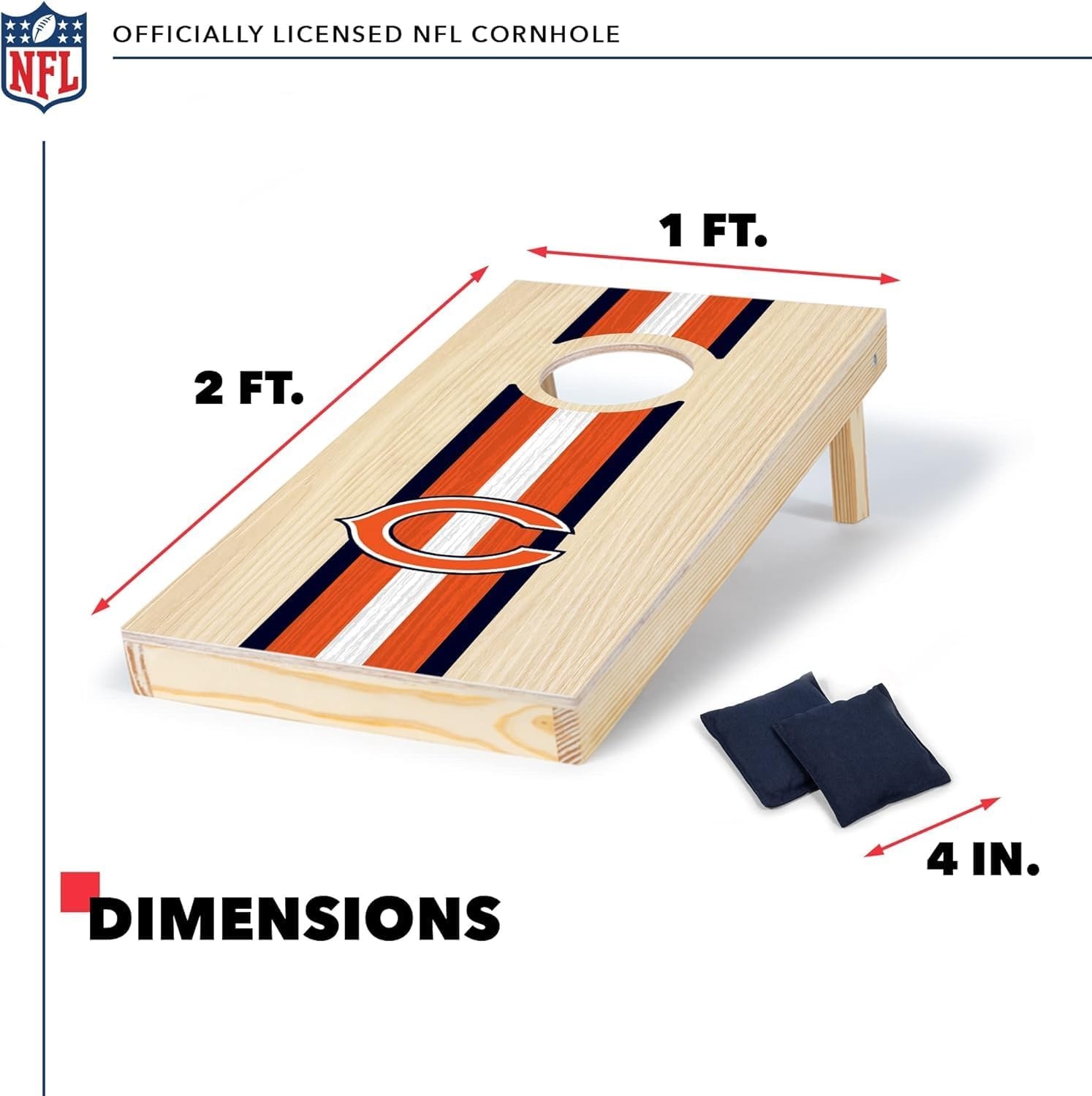 NFL Football Portable Size 1′ x 2′ Solid Wood Cornhole Set with Direct Print HD Team Graphics – Travel Size(Chicago Bears)