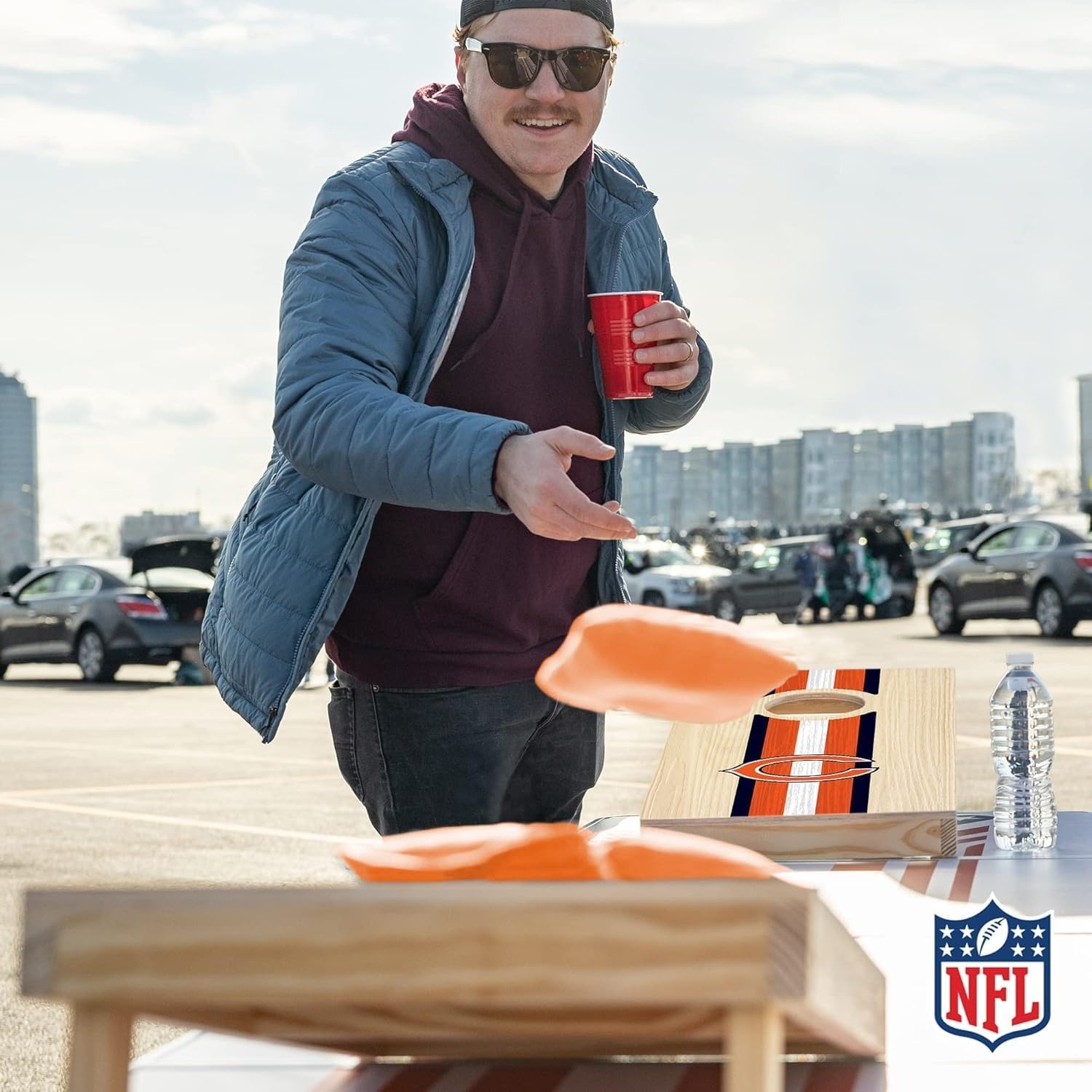 NFL Football Portable Size 1′ x 2′ Solid Wood Cornhole Set with Direct Print HD Team Graphics – Travel Size(Chicago Bears)