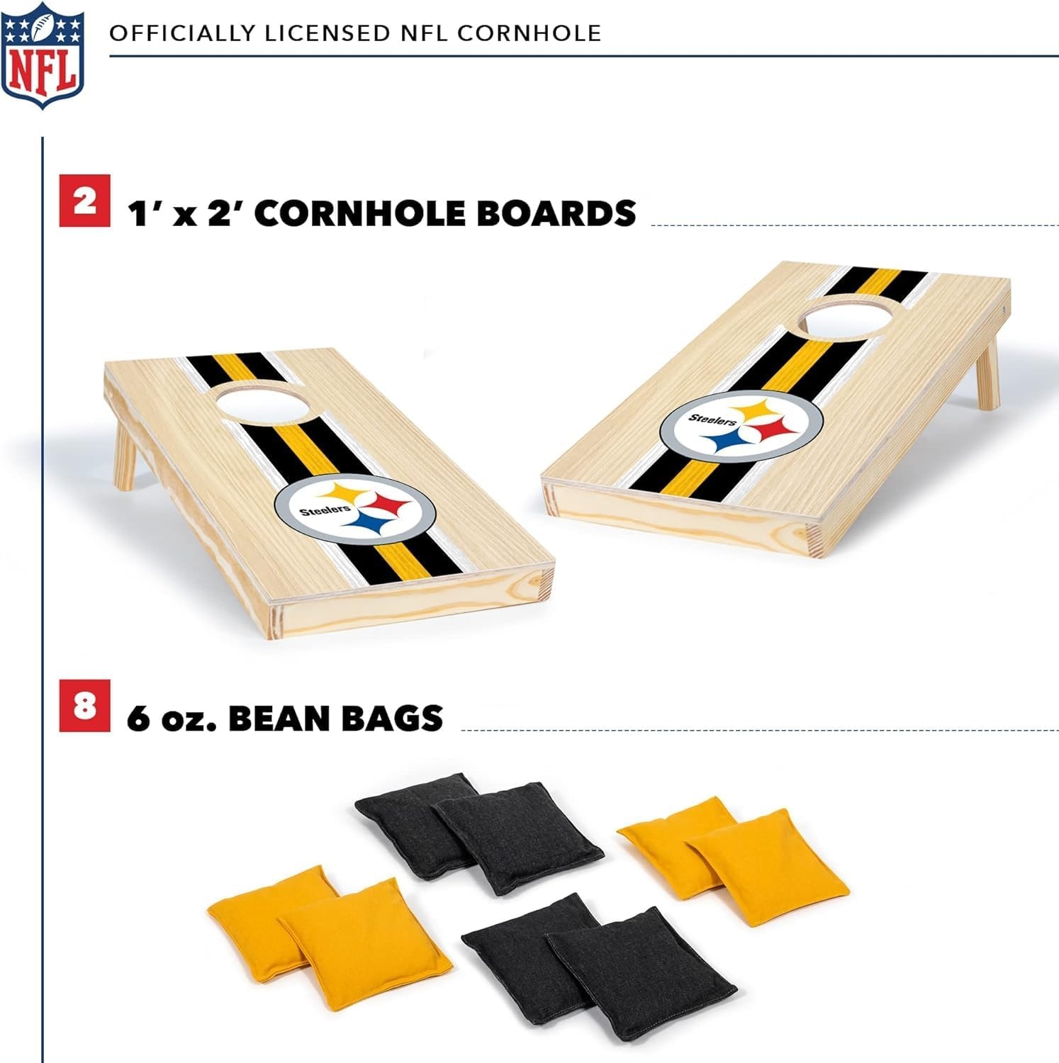 NFL Football Portable Size 1′ x 2′ Solid Wood Cornhole Set with Direct Print HD Team Graphics – Travel Size(Pittsburgh Steelers)