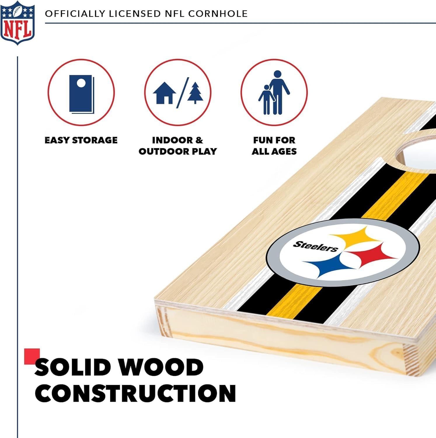 NFL Football Portable Size 1′ x 2′ Solid Wood Cornhole Set with Direct Print HD Team Graphics – Travel Size(Pittsburgh Steelers)