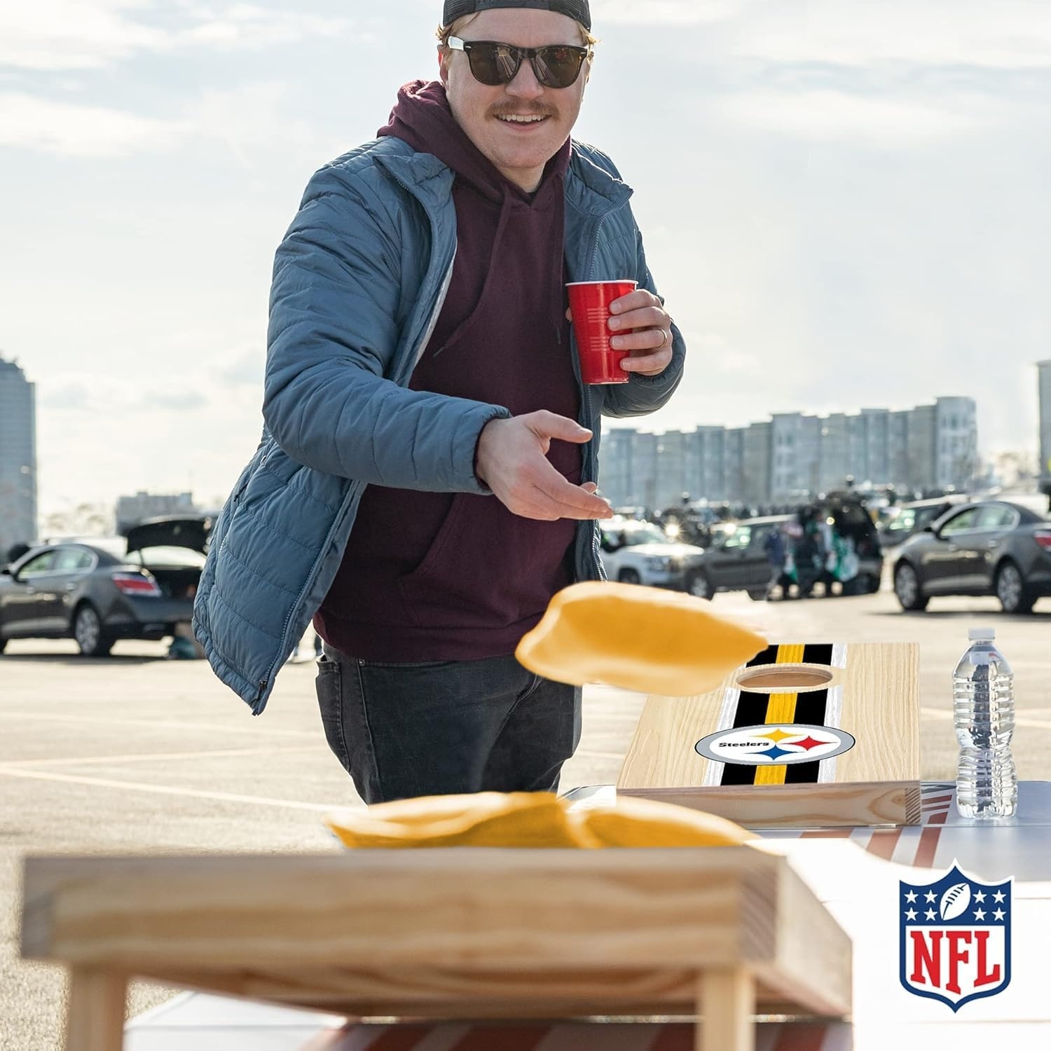 NFL Football Portable Size 1′ x 2′ Solid Wood Cornhole Set with Direct Print HD Team Graphics – Travel Size(Pittsburgh Steelers)