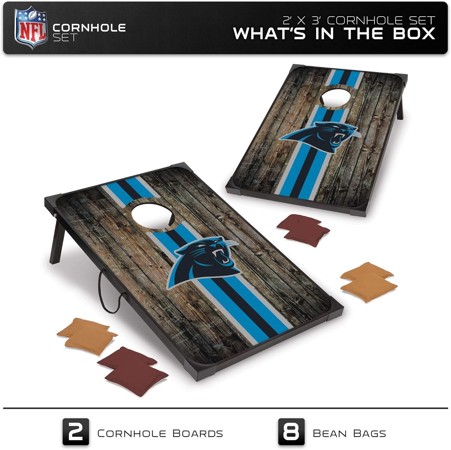 Wild Sports NFL 2′ x 3′ MDF Deluxe Cornhole Set – with Corners and Aprons(Carolina Panthers)