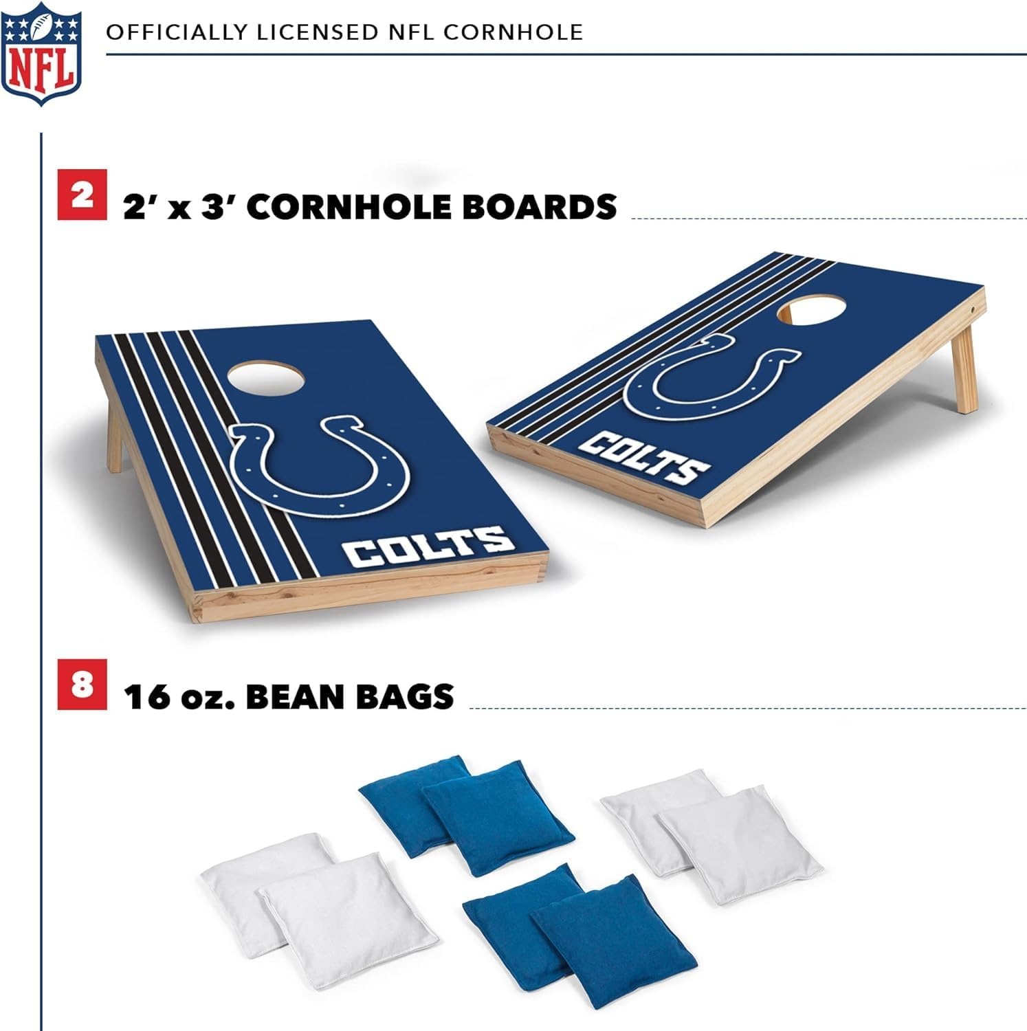 NFL 2′ x 3′ Solid Wood Cornhole Set with Direct Print HD Team Graphics – Great Gift for Any Football Fan  Bean Bag Toss Family Outdoor Games(Indianapolis Colts)