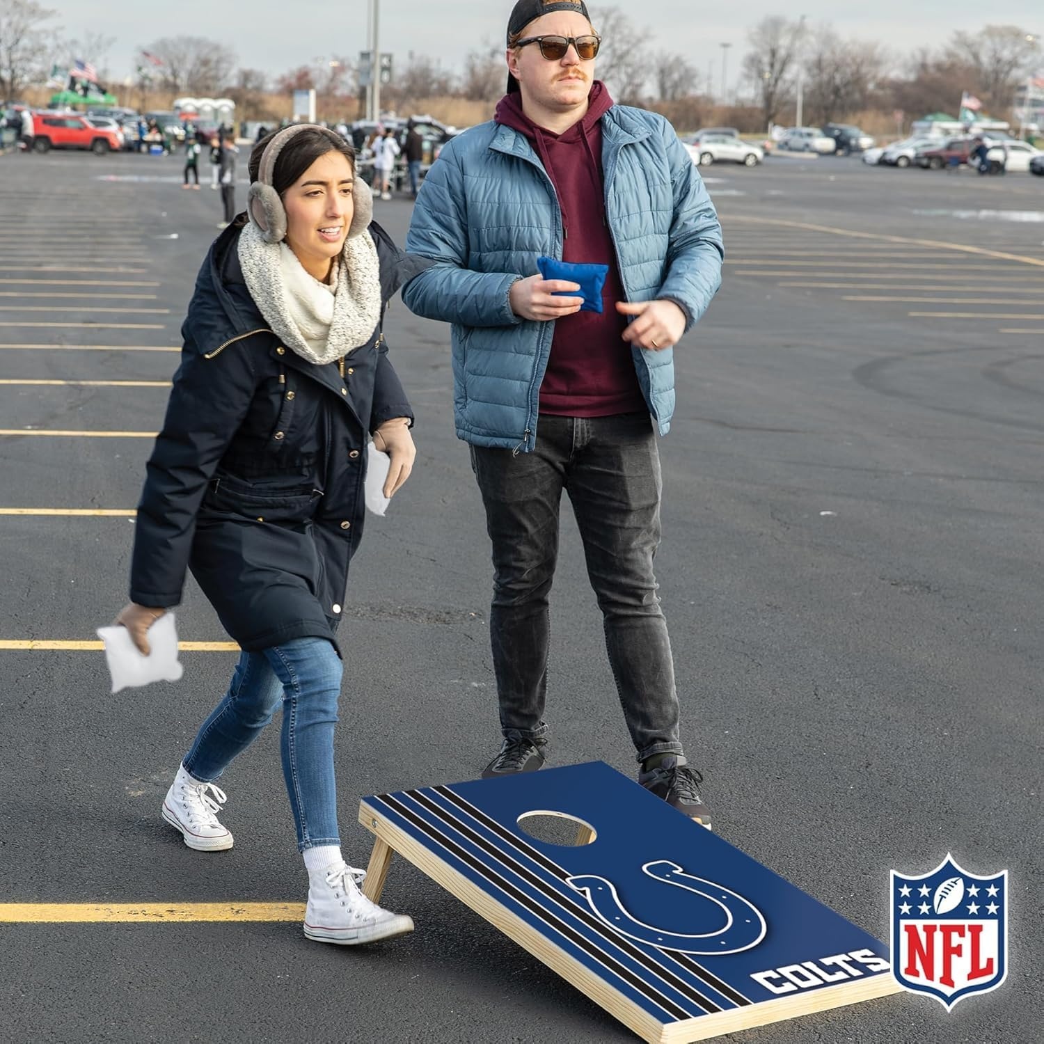 NFL 2′ x 3′ Solid Wood Cornhole Set with Direct Print HD Team Graphics – Great Gift for Any Football Fan  Bean Bag Toss Family Outdoor Games(Indianapolis Colts)