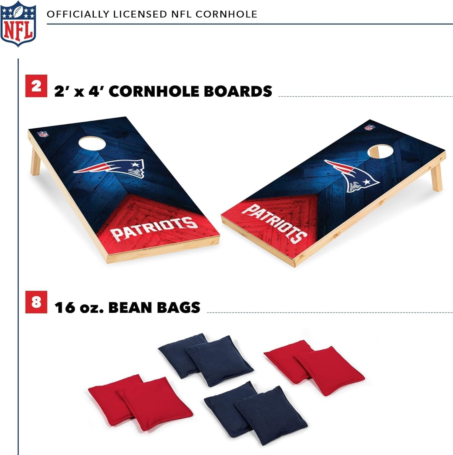 NFL Football 2′ x 4′ Regulation Size Solid Wood Cornhole Set with Direct Print HD Team Graphics Great Gift for Any Football Fan  Bean Bag Toss Family Outdoor Game(New England Patriots)