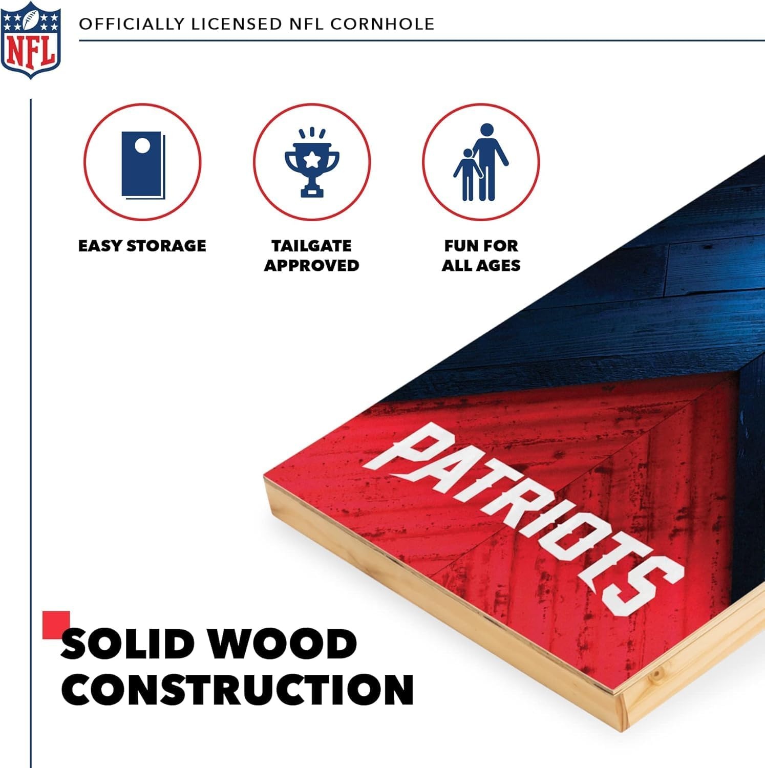 NFL Football 2′ x 4′ Regulation Size Solid Wood Cornhole Set with Direct Print HD Team Graphics Great Gift for Any Football Fan  Bean Bag Toss Family Outdoor Game(New England Patriots)