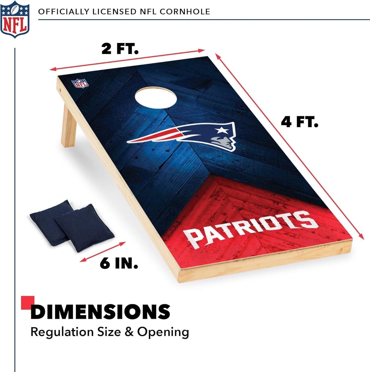 NFL Football 2′ x 4′ Regulation Size Solid Wood Cornhole Set with Direct Print HD Team Graphics Great Gift for Any Football Fan  Bean Bag Toss Family Outdoor Game(New England Patriots)
