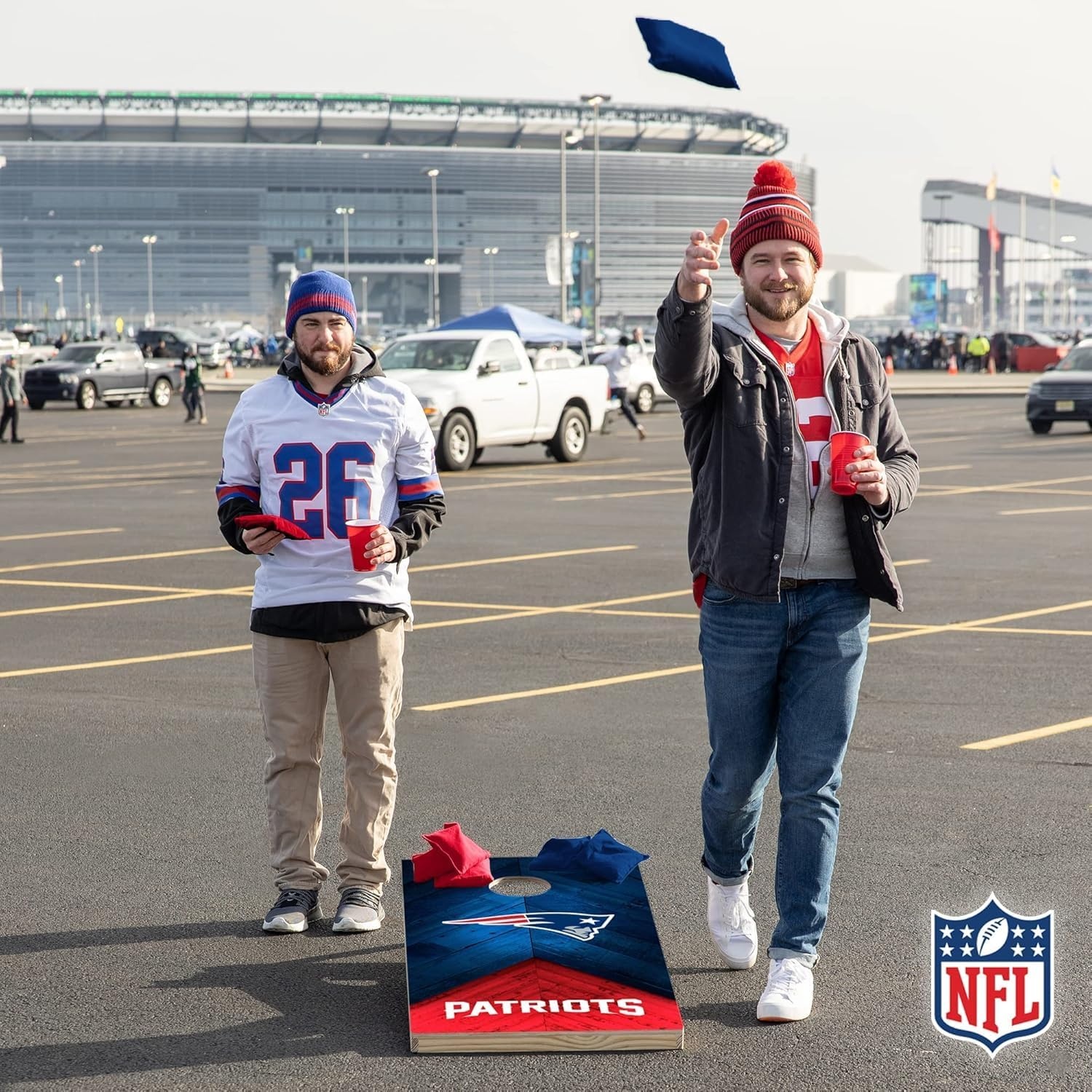 NFL Football 2′ x 4′ Regulation Size Solid Wood Cornhole Set with Direct Print HD Team Graphics Great Gift for Any Football Fan  Bean Bag Toss Family Outdoor Game(New England Patriots)