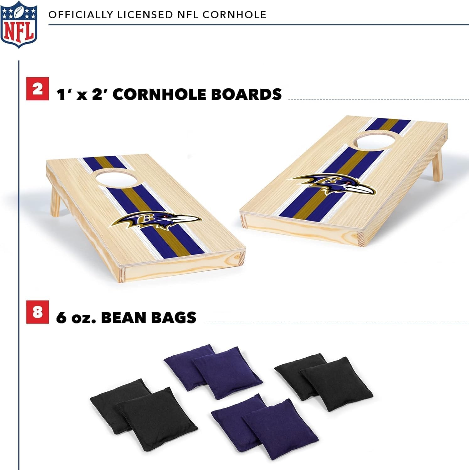 NFL Football Portable Size 1′ x 2′ Solid Wood Cornhole Set with Direct Print HD Team Graphics – Travel Size(Baltimore Ravens)