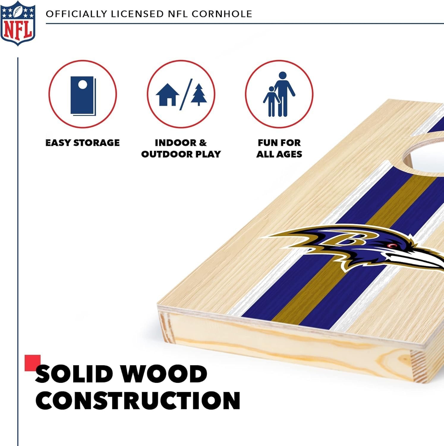 NFL Football Portable Size 1′ x 2′ Solid Wood Cornhole Set with Direct Print HD Team Graphics – Travel Size(Baltimore Ravens)
