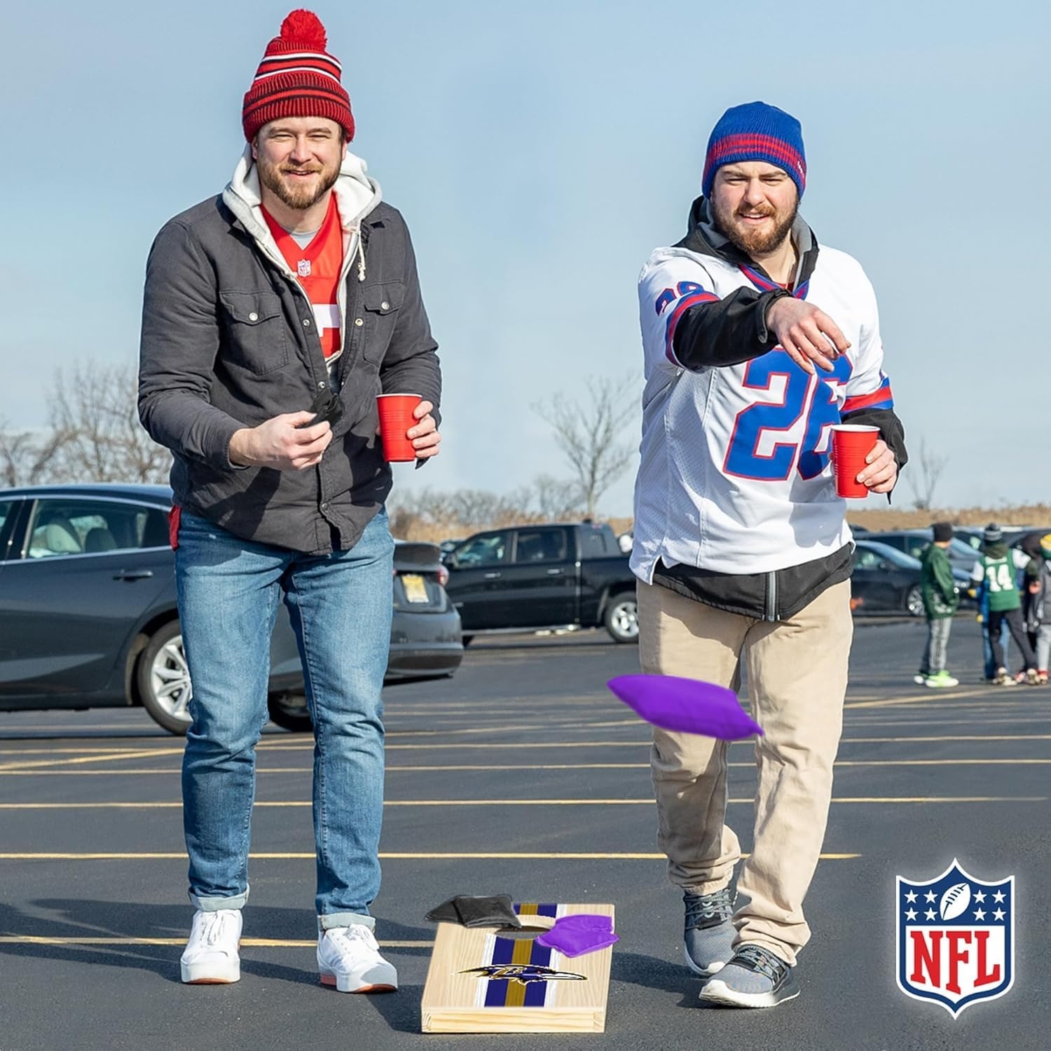 NFL Football Portable Size 1′ x 2′ Solid Wood Cornhole Set with Direct Print HD Team Graphics – Travel Size(Baltimore Ravens)