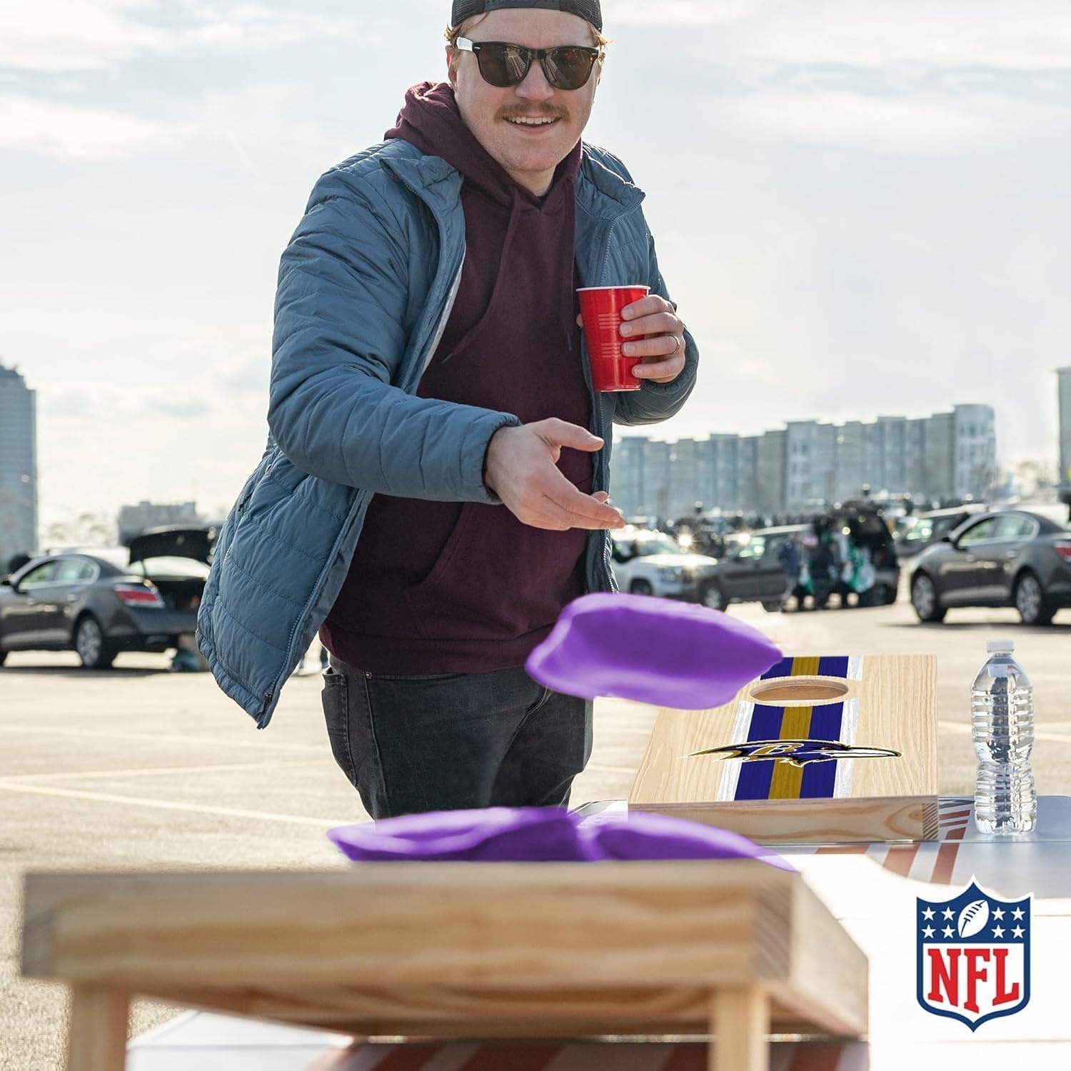 NFL Football Portable Size 1′ x 2′ Solid Wood Cornhole Set with Direct Print HD Team Graphics – Travel Size(Baltimore Ravens)