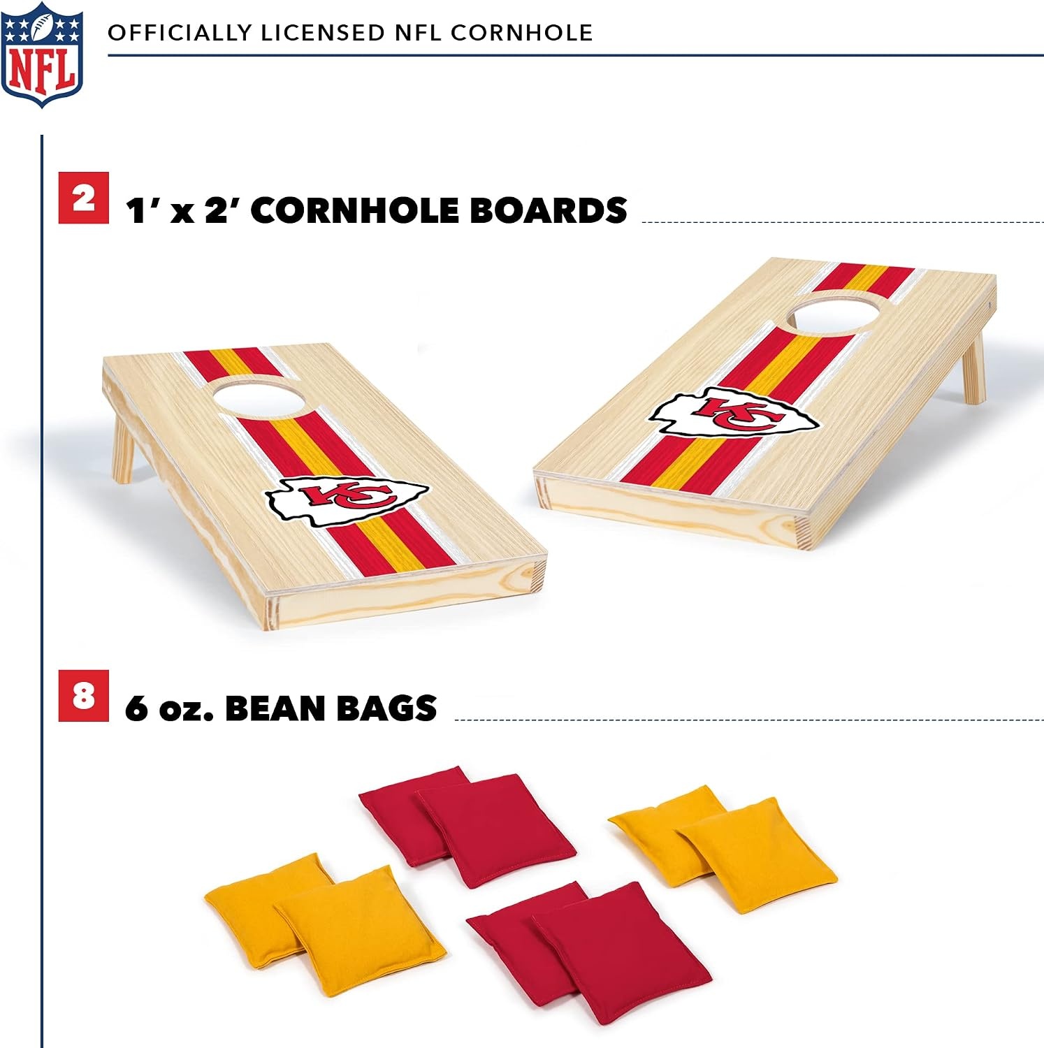 NFL Football Portable Size 1′ x 2′ Solid Wood Cornhole Set with Direct Print HD Team Graphics – Travel Size(Kansas City Chiefs)