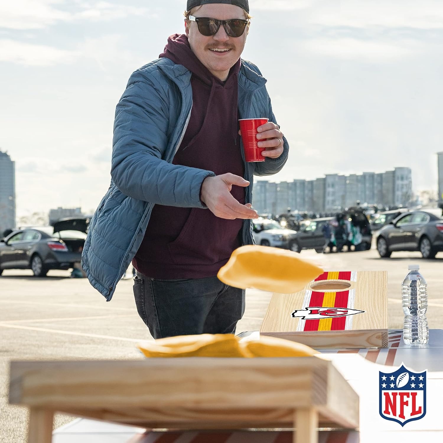NFL Football Portable Size 1′ x 2′ Solid Wood Cornhole Set with Direct Print HD Team Graphics – Travel Size(Kansas City Chiefs)