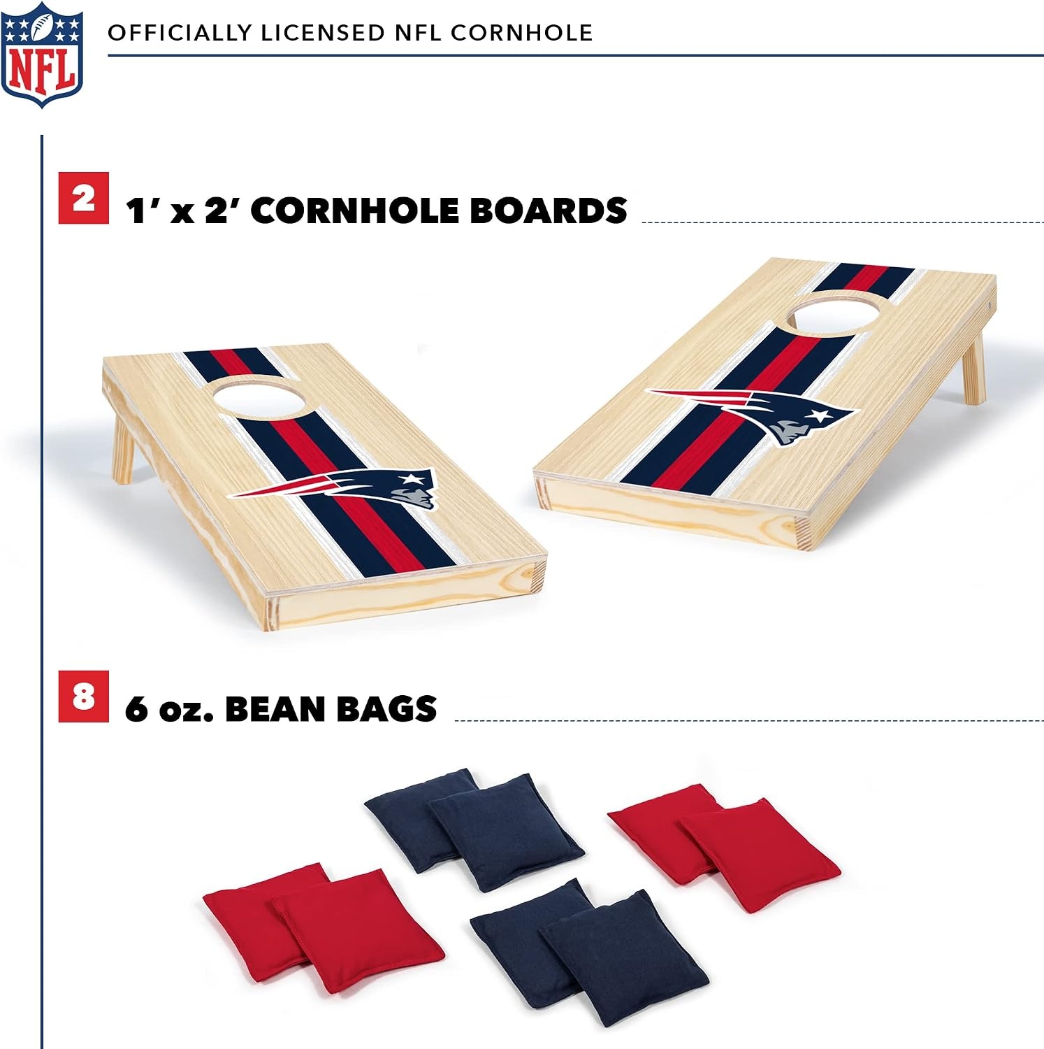 NFL Football Portable Size 1′ x 2′ Solid Wood Cornhole Set with Direct Print HD Team Graphics – Travel Size(New England Patriots)