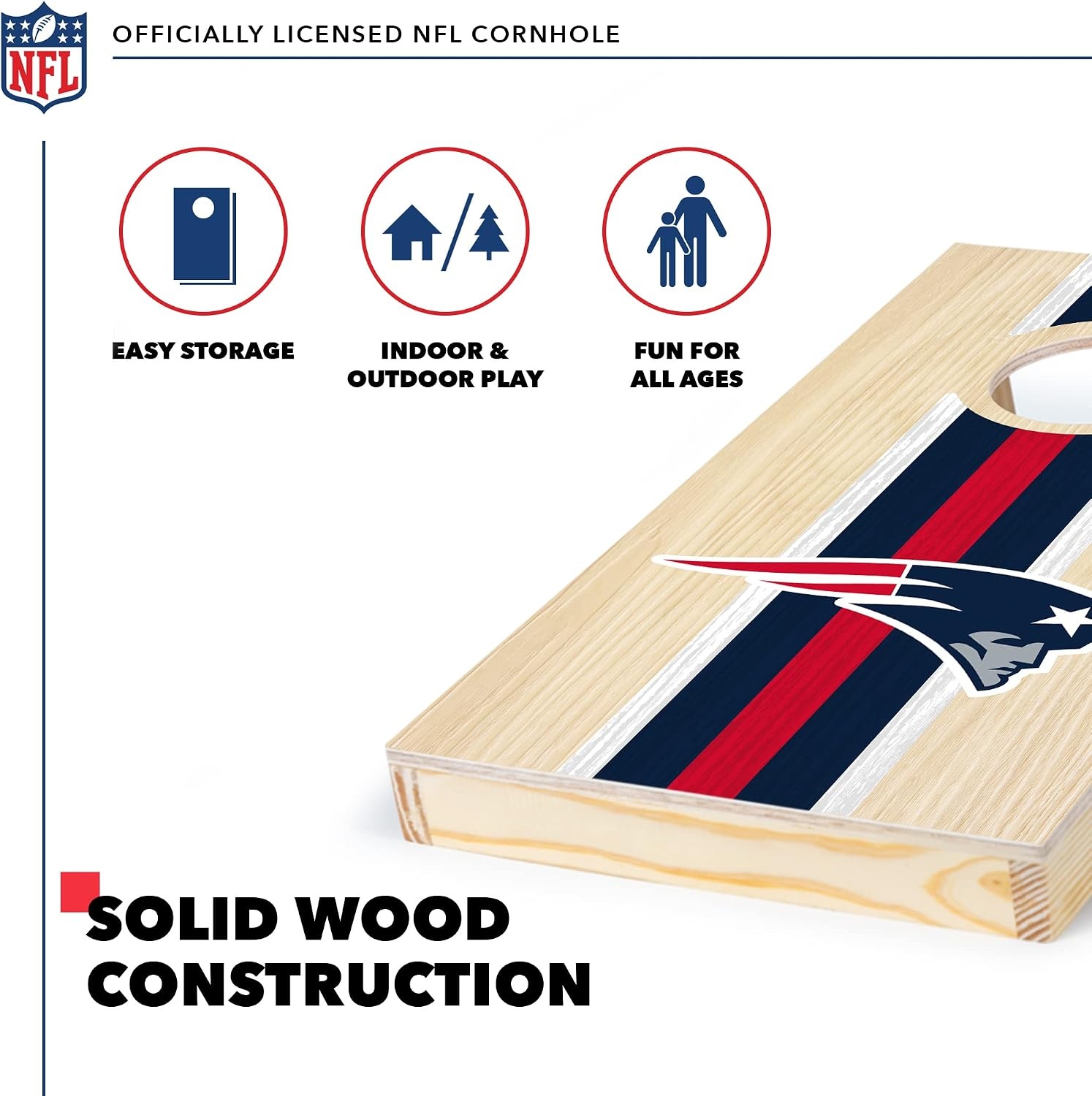 NFL Football Portable Size 1′ x 2′ Solid Wood Cornhole Set with Direct Print HD Team Graphics – Travel Size(New England Patriots)