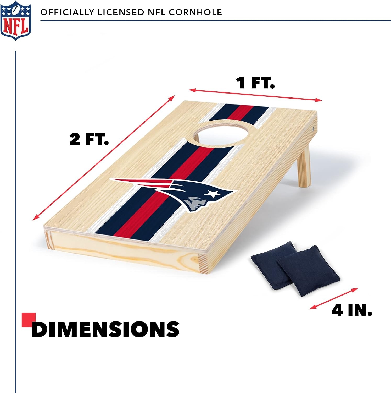 NFL Football Portable Size 1′ x 2′ Solid Wood Cornhole Set with Direct Print HD Team Graphics – Travel Size(New England Patriots)