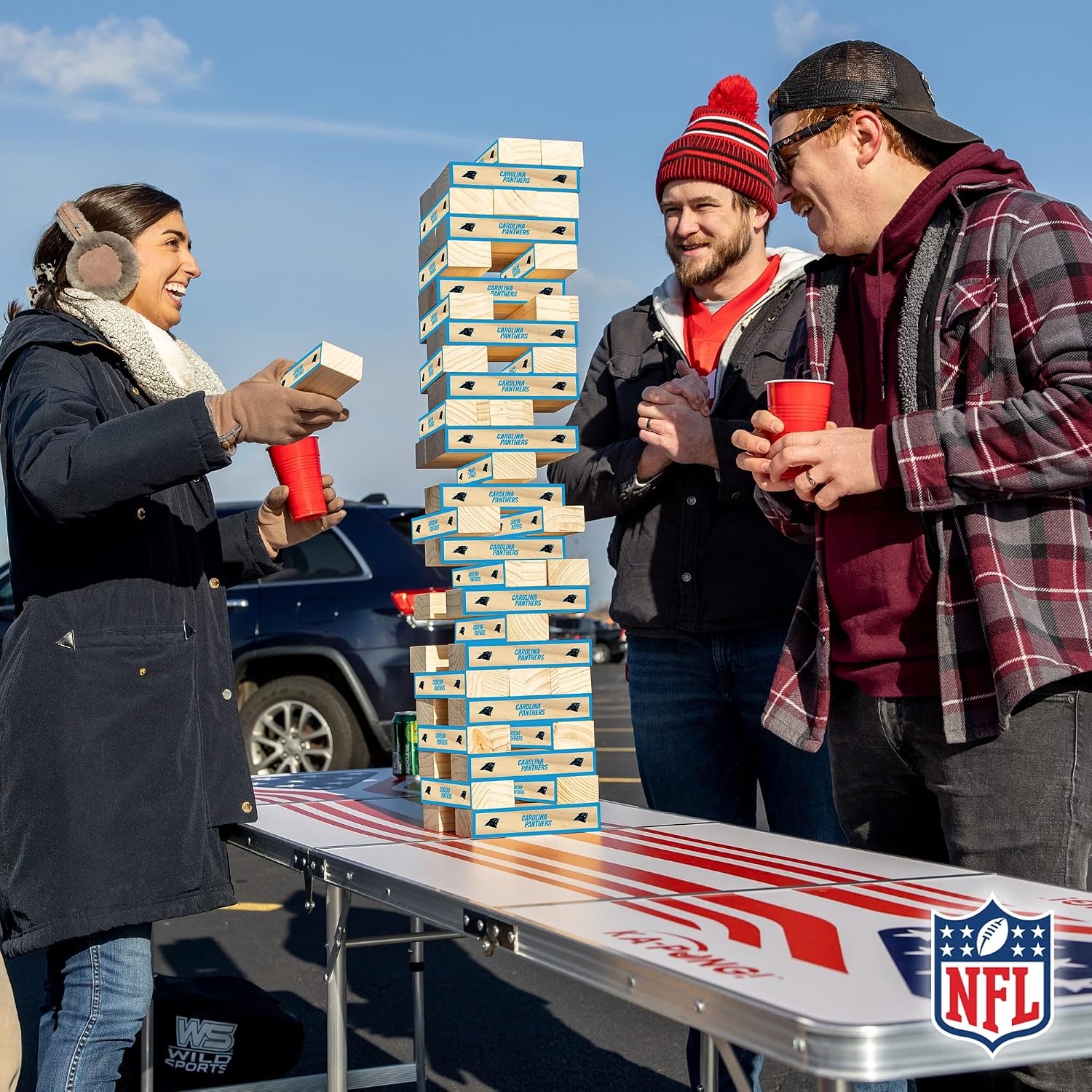 Wild Sports NFL Giant Stacking Wooden Blocks – Tumbling Tower Classic Family Game Stacks – Great Gift for Any Football Fan (Carolina Panthers)