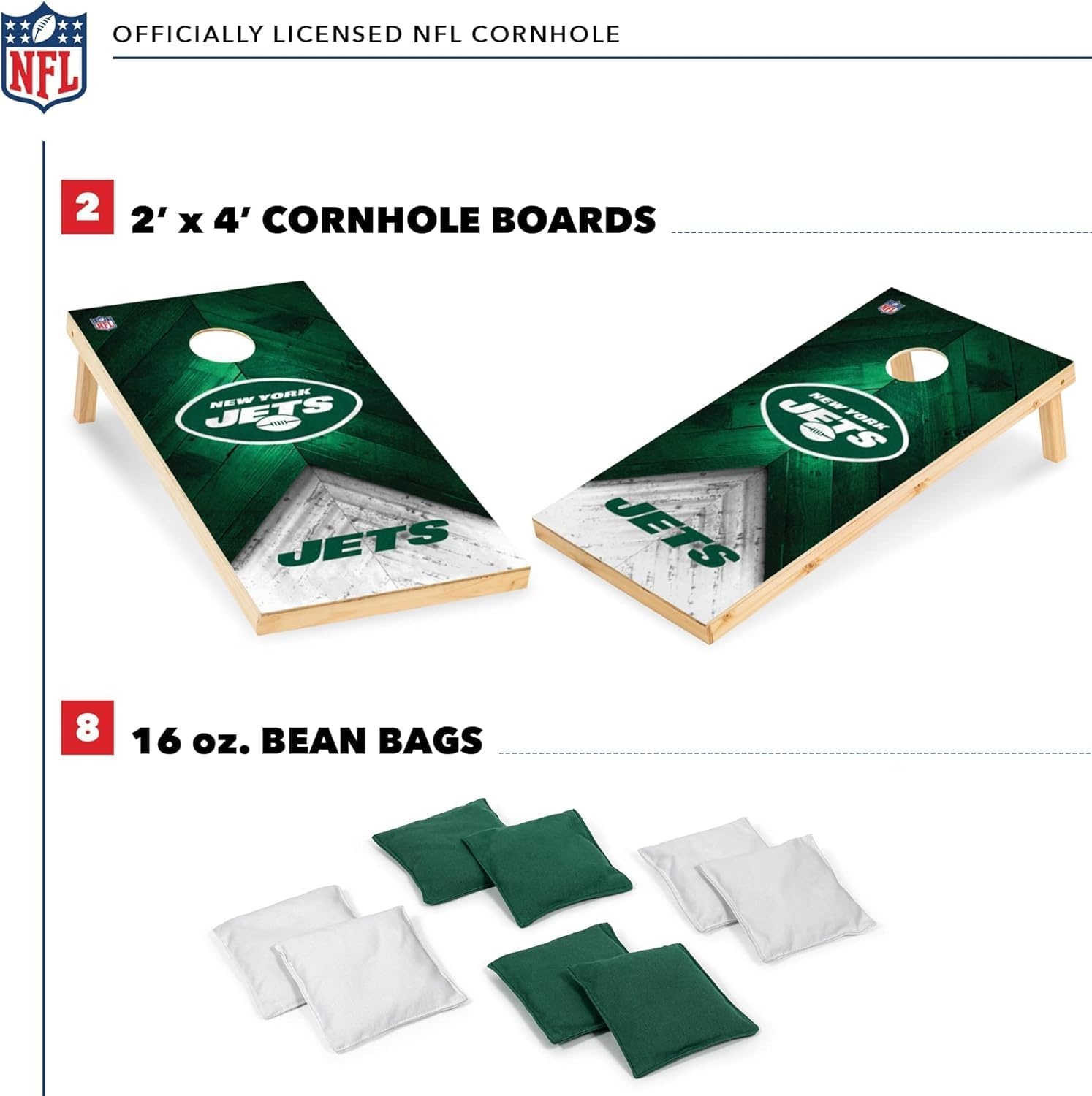 NFL Football 2′ x 4′ Regulation Size Solid Wood Cornhole Set with Direct Print HD Team Graphics Great Gift for Any Football Fan  Bean Bag Toss Family Outdoor Game(New York Jets)