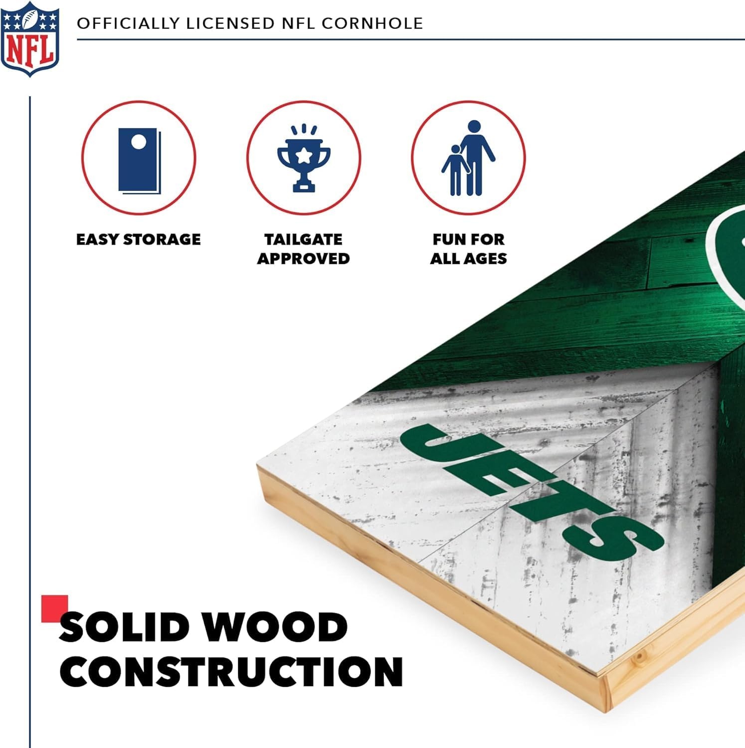 NFL Football 2′ x 4′ Regulation Size Solid Wood Cornhole Set with Direct Print HD Team Graphics Great Gift for Any Football Fan  Bean Bag Toss Family Outdoor Game(New York Jets)