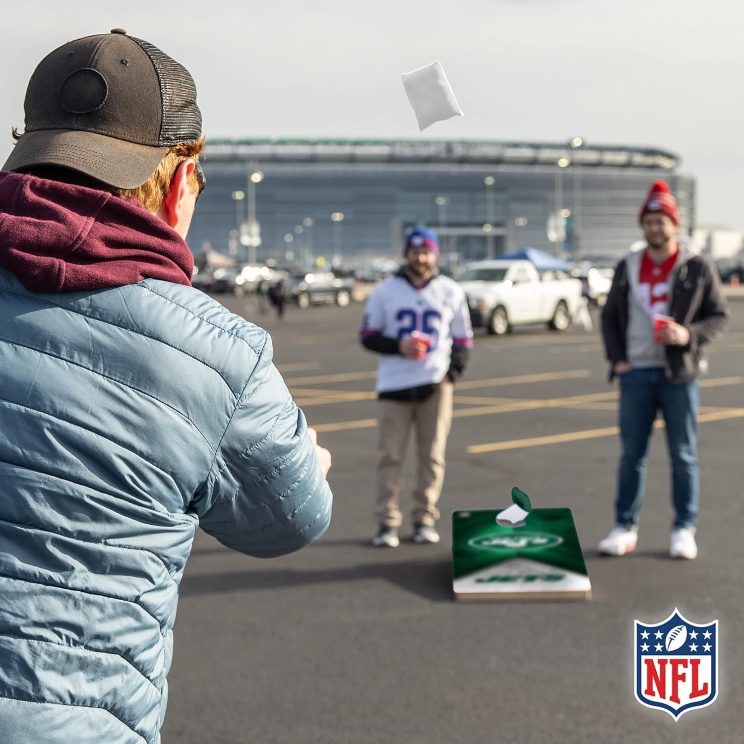 NFL Football 2′ x 4′ Regulation Size Solid Wood Cornhole Set with Direct Print HD Team Graphics Great Gift for Any Football Fan  Bean Bag Toss Family Outdoor Game(New York Jets)
