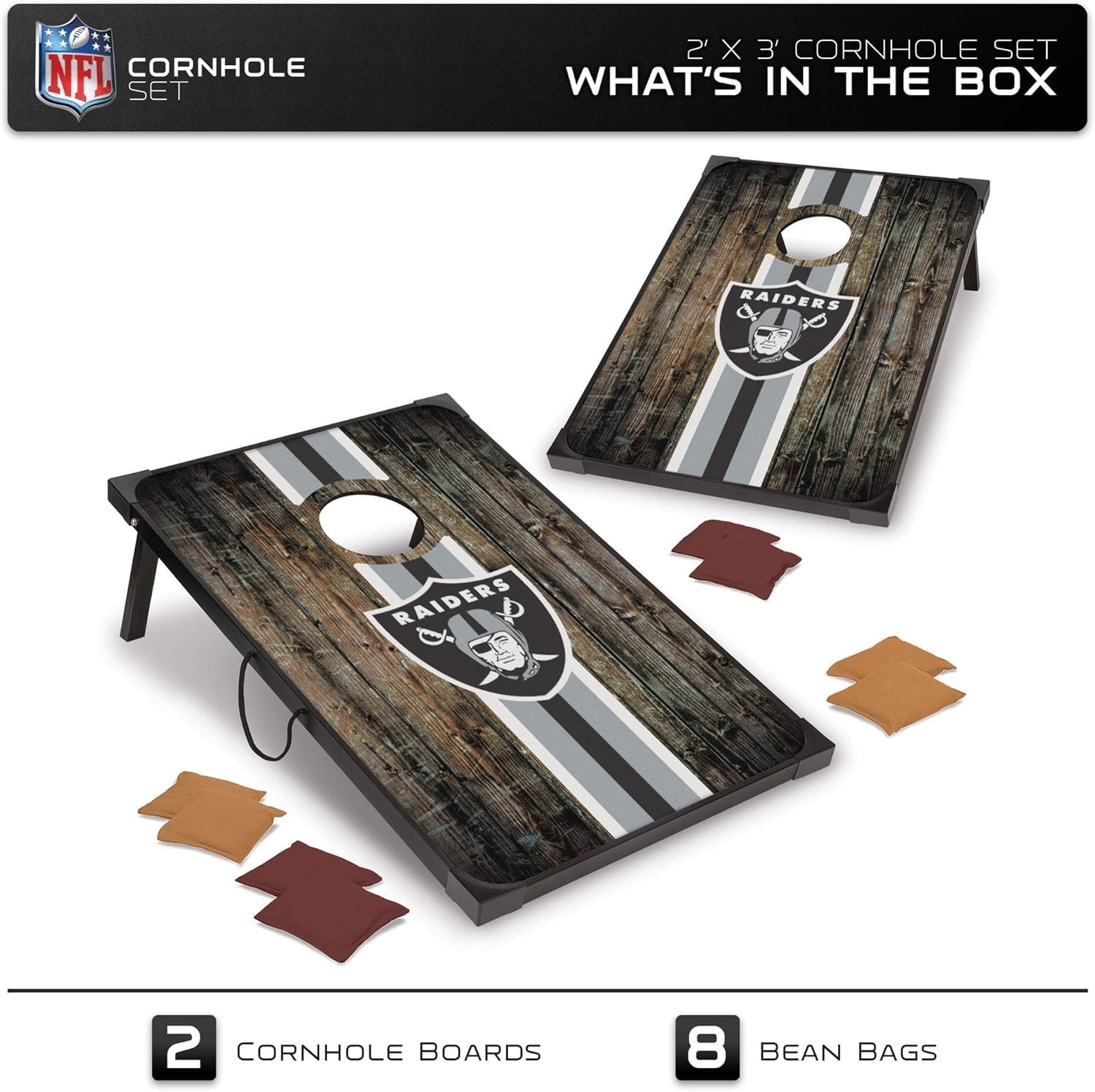 Wild Sports NFL 2′ x 3′ MDF Deluxe Cornhole Set – with Corners and Aprons(Las Vegas Raiders)