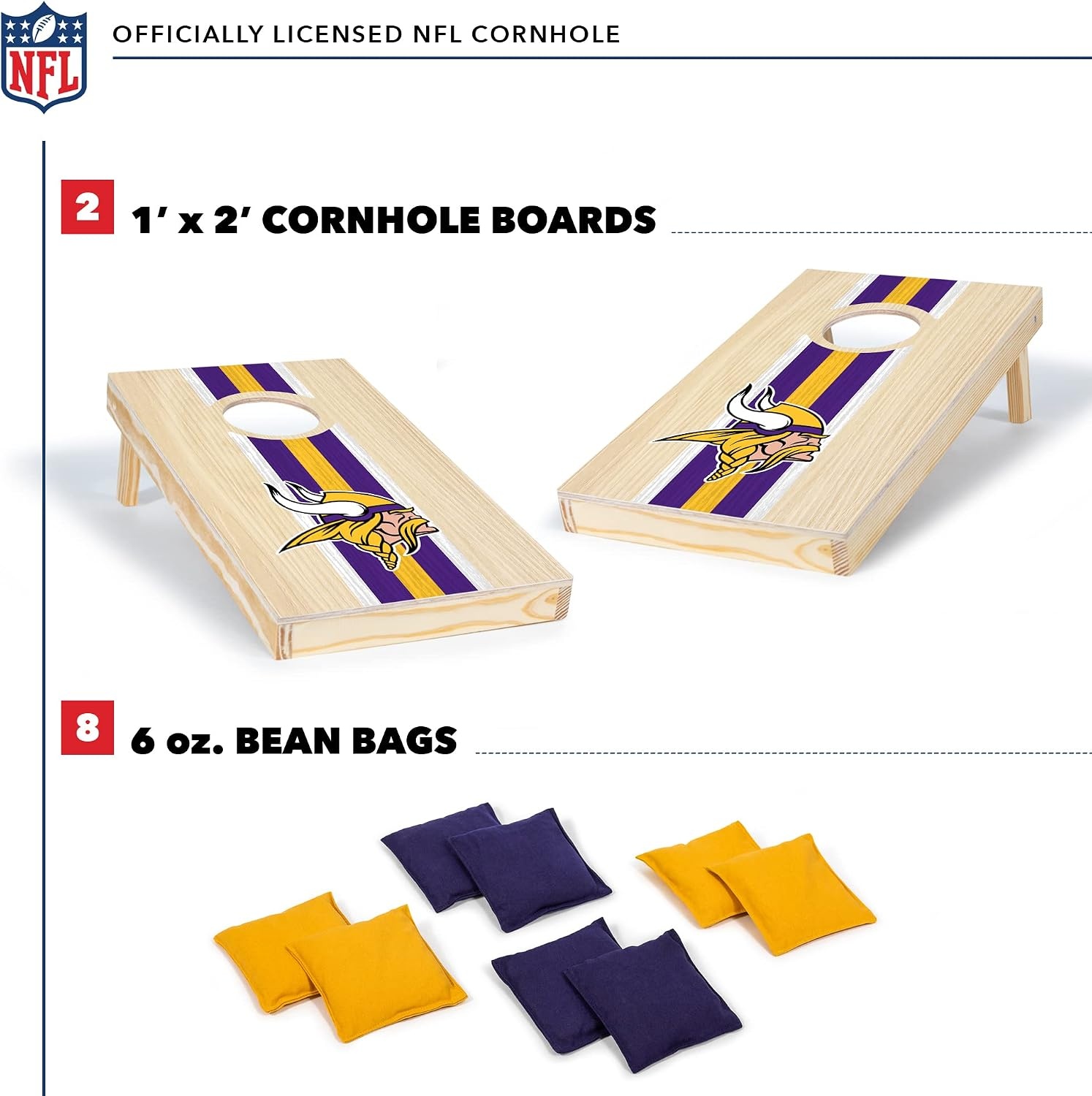 NFL Football Portable Size 1′ x 2′ Solid Wood Cornhole Set with Direct Print HD Team Graphics – Travel Size(Minnesota Vikings)