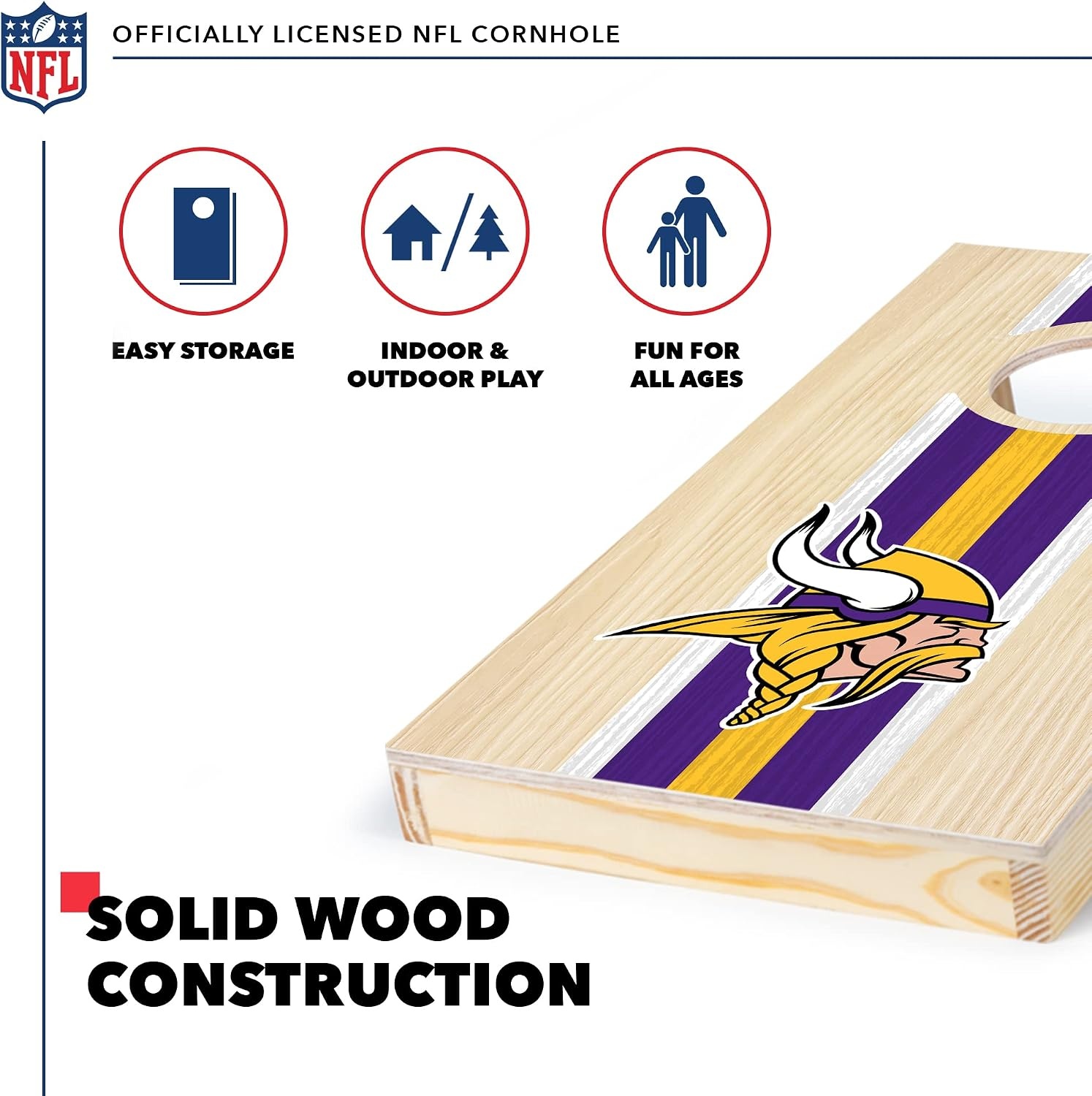 NFL Football Portable Size 1′ x 2′ Solid Wood Cornhole Set with Direct Print HD Team Graphics – Travel Size(Minnesota Vikings)