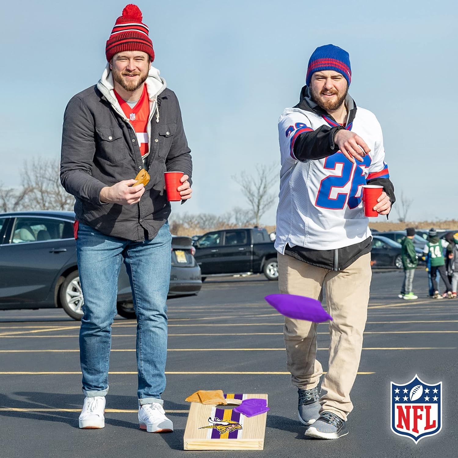 NFL Football Portable Size 1′ x 2′ Solid Wood Cornhole Set with Direct Print HD Team Graphics – Travel Size(Minnesota Vikings)