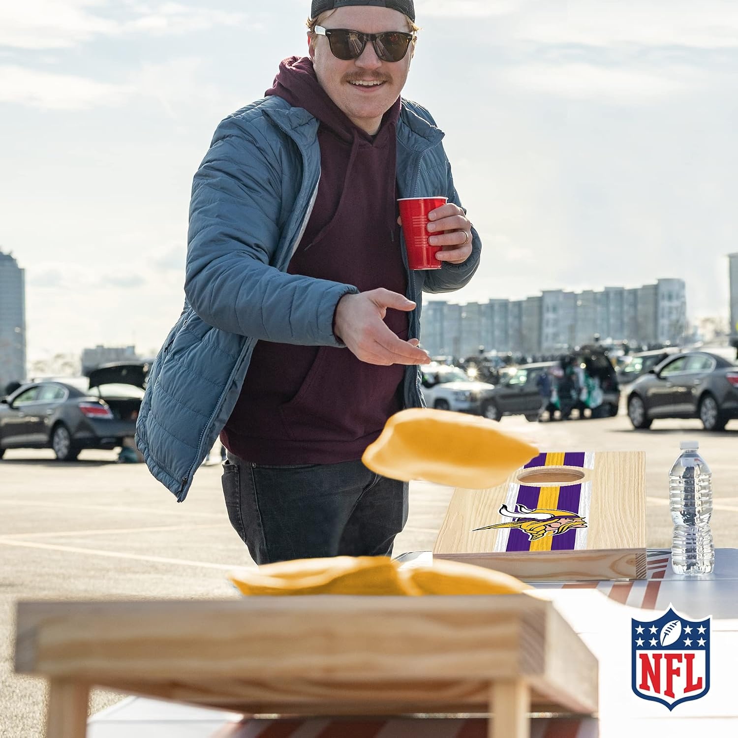 NFL Football Portable Size 1′ x 2′ Solid Wood Cornhole Set with Direct Print HD Team Graphics – Travel Size(Minnesota Vikings)