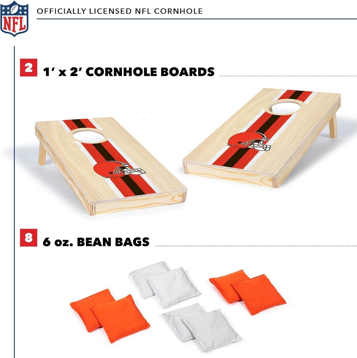 NFL Football Portable Size 1′ x 2′ Solid Wood Cornhole Set with Direct Print HD Team Graphics – Travel Size(Cleveland Browns)