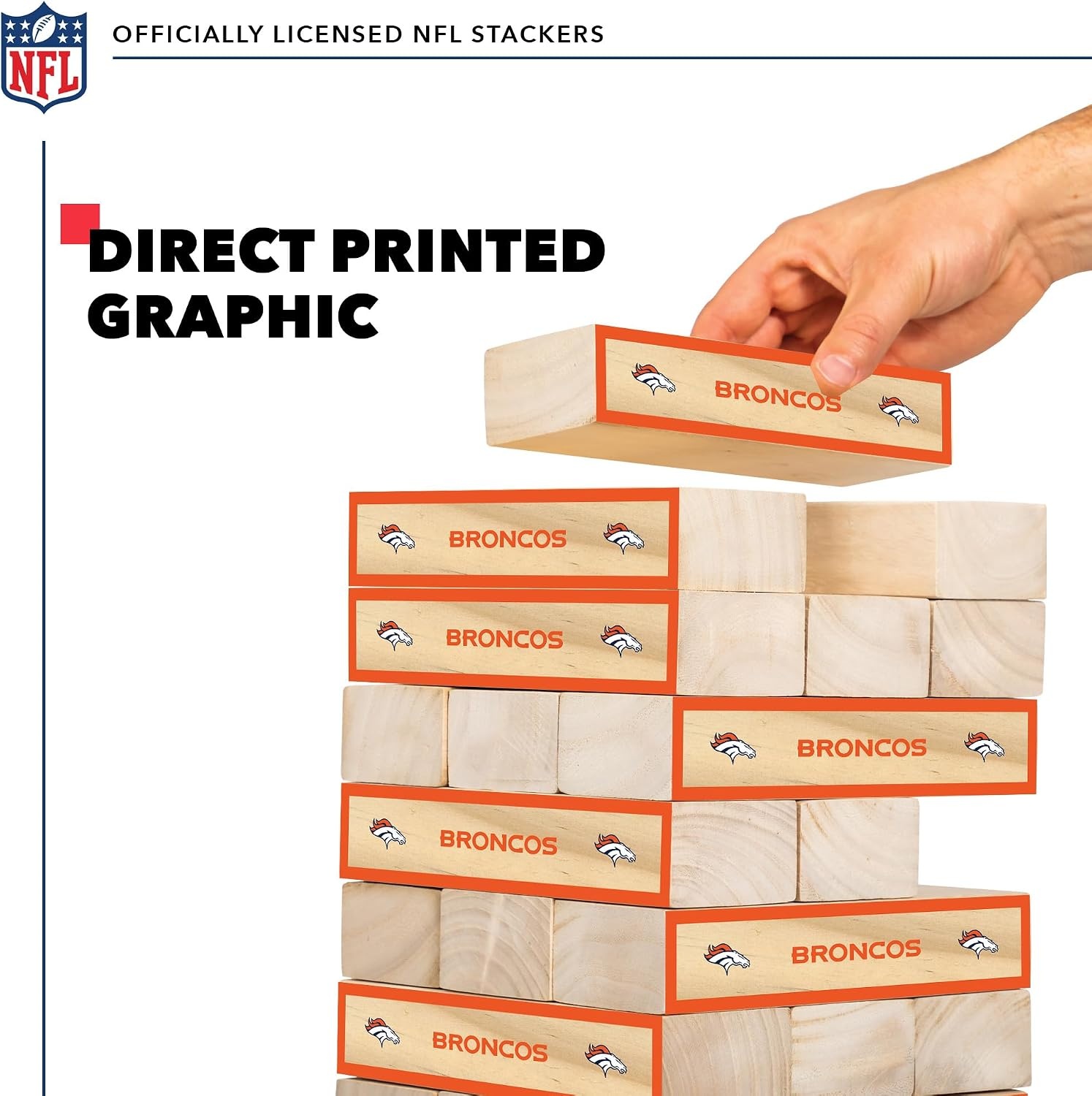 Wild Sports NFL Giant Stacking Wooden Blocks – Tumbling Tower Classic Family Game Stacks – Great Gift for Any Football Fan (Denver Broncos)