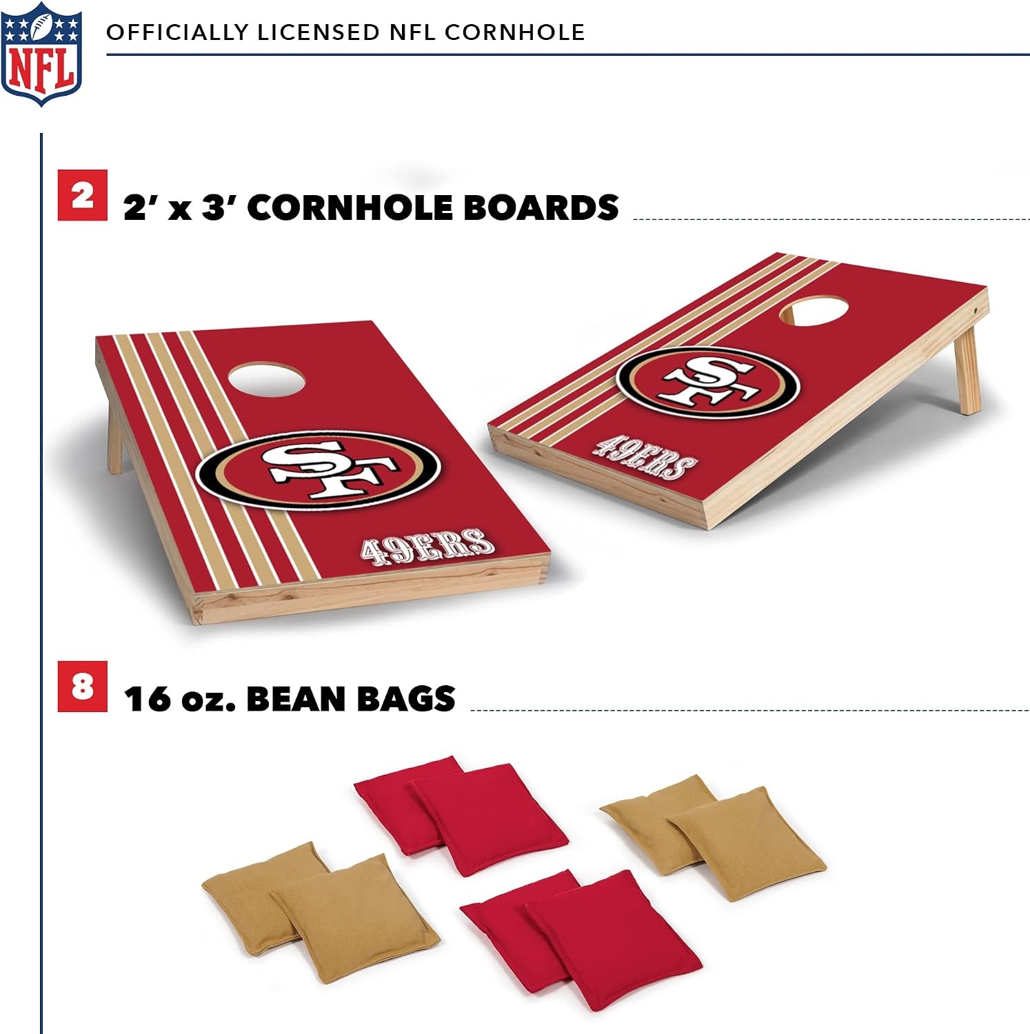 NFL 2′ x 3′ Solid Wood Cornhole Set with Direct Print HD Team Graphics – Great Gift for Any Football Fan  Bean Bag Toss Family Outdoor Games(San Francisco 49ers)