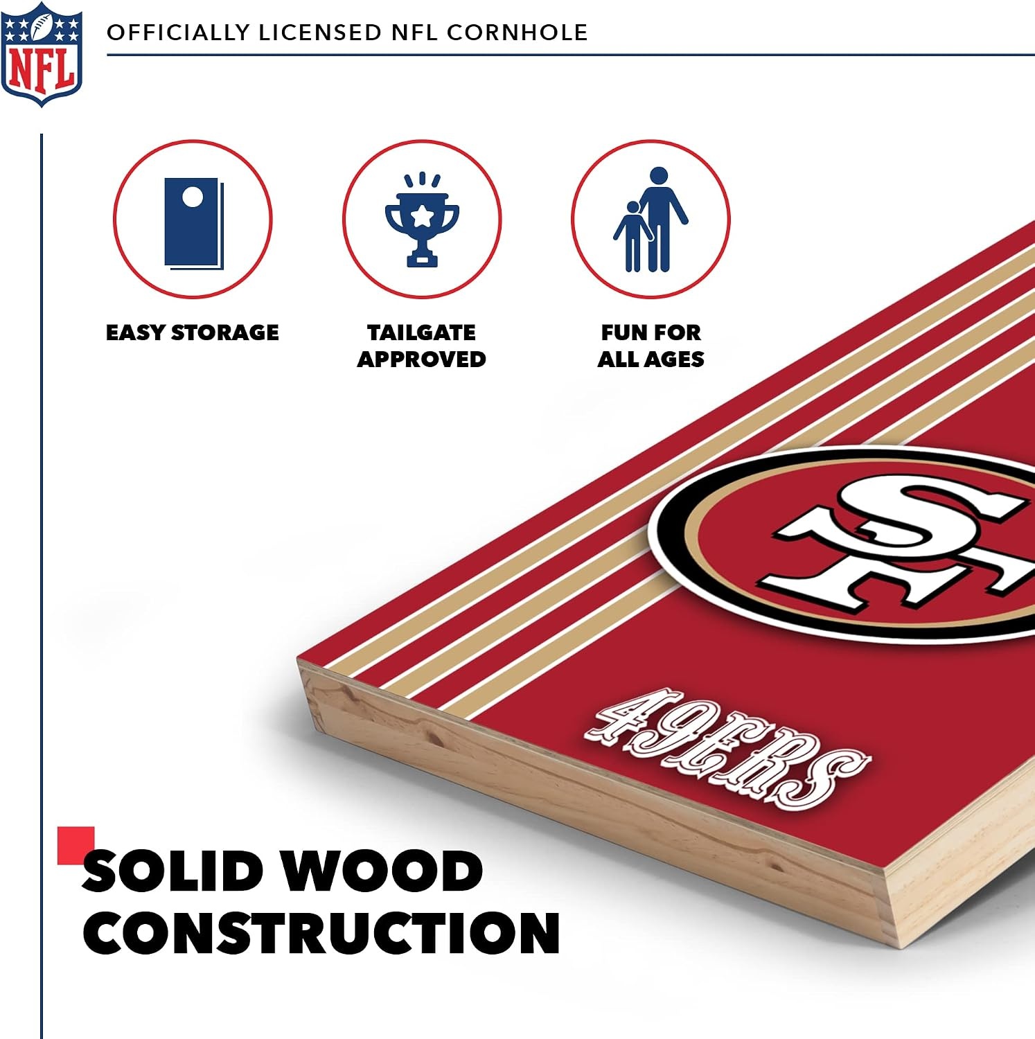 NFL 2′ x 3′ Solid Wood Cornhole Set with Direct Print HD Team Graphics – Great Gift for Any Football Fan  Bean Bag Toss Family Outdoor Games(San Francisco 49ers)