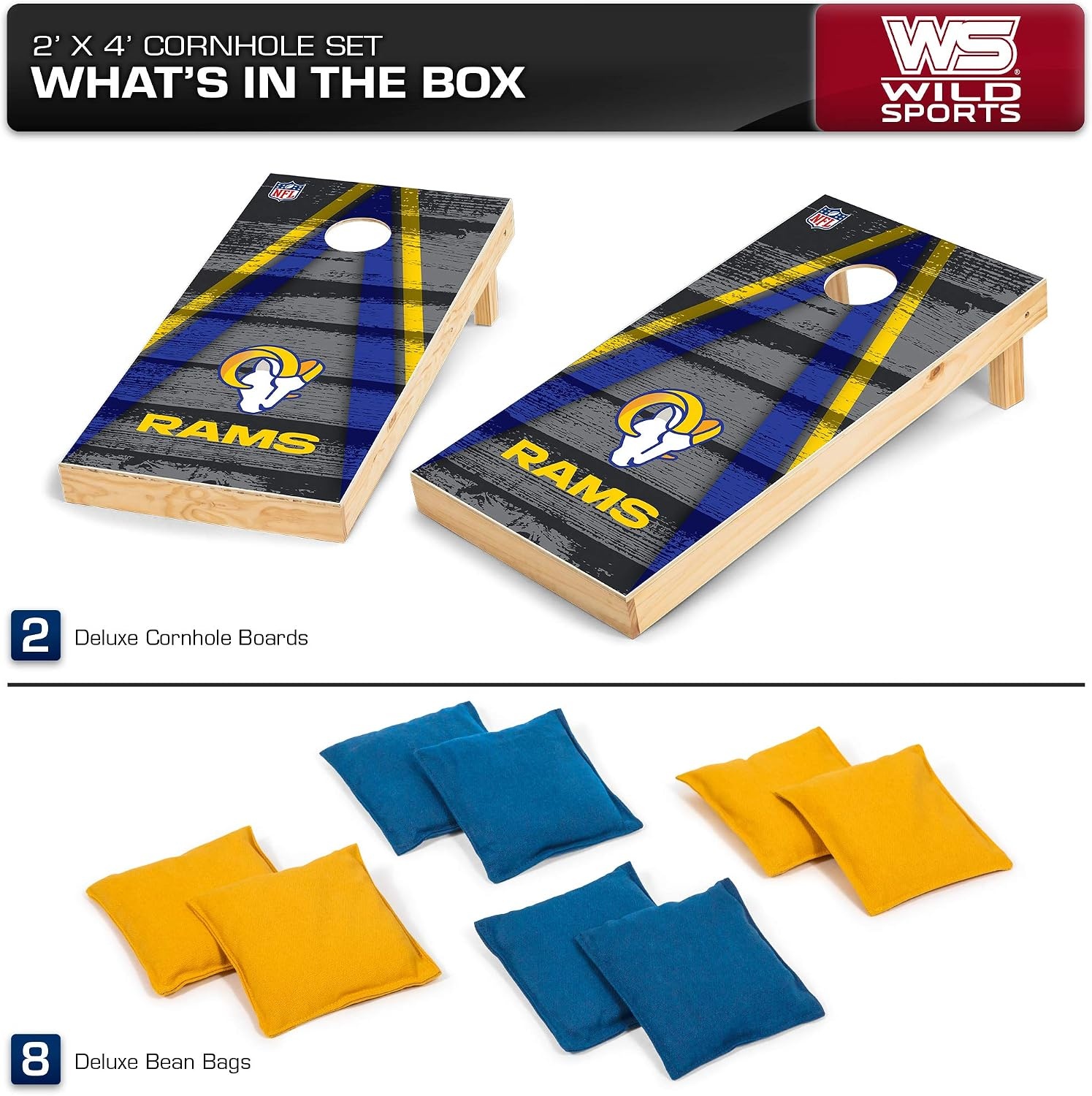 NFL Pro Football 2′ x 4′ Wood Direct Print Tournament Cornhole Set by Wild Sports, Comes with 8 Bean Bags – Perfect for Tailgate, Outdoor, Backyard(Los Angeles Rams)