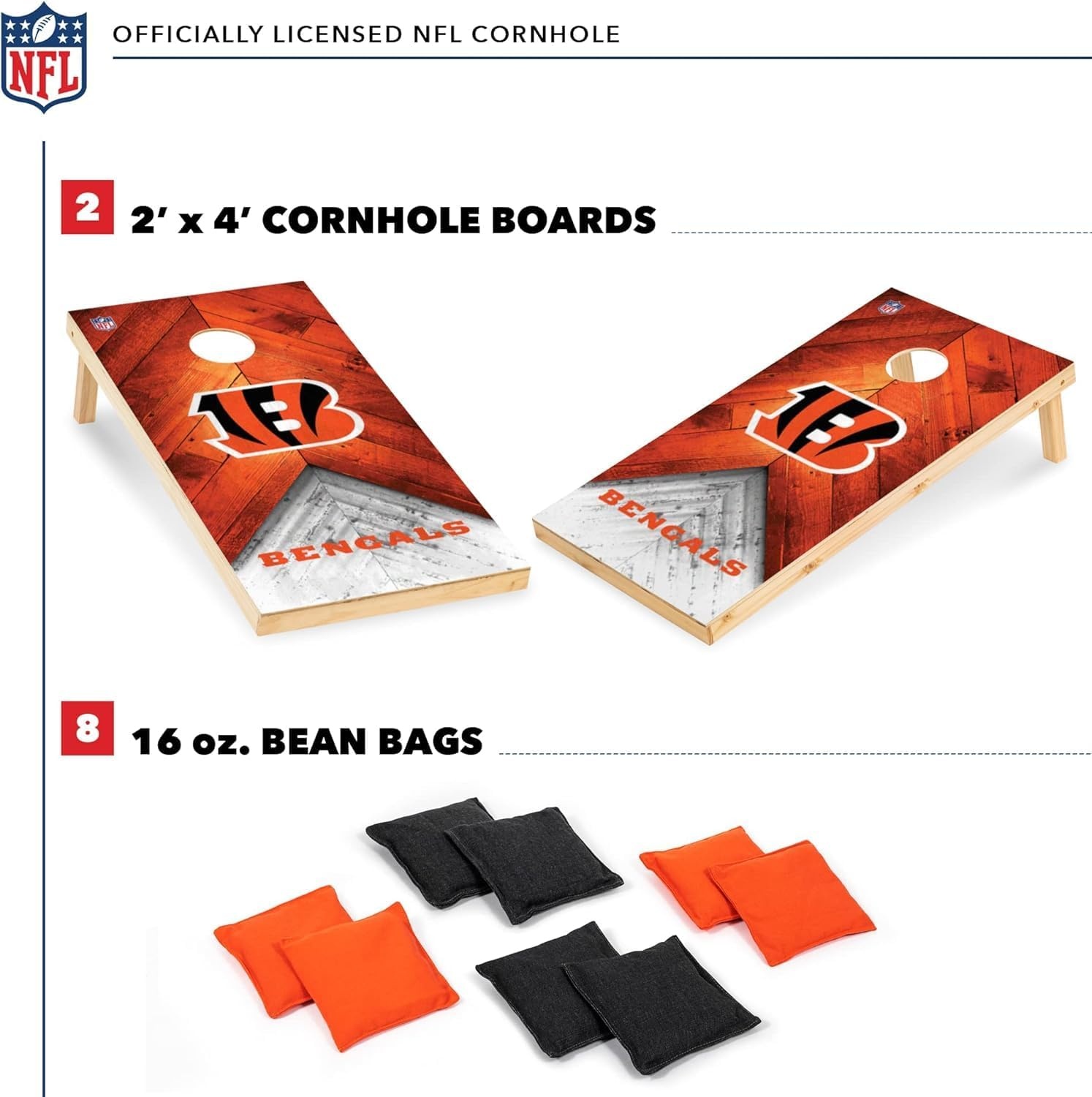 NFL Football 2′ x 4′ Regulation Size Solid Wood Cornhole Set with Direct Print HD Team Graphics Great Gift for Any Football Fan  Bean Bag Toss Family Outdoor Game(Cincinnati Bengals)