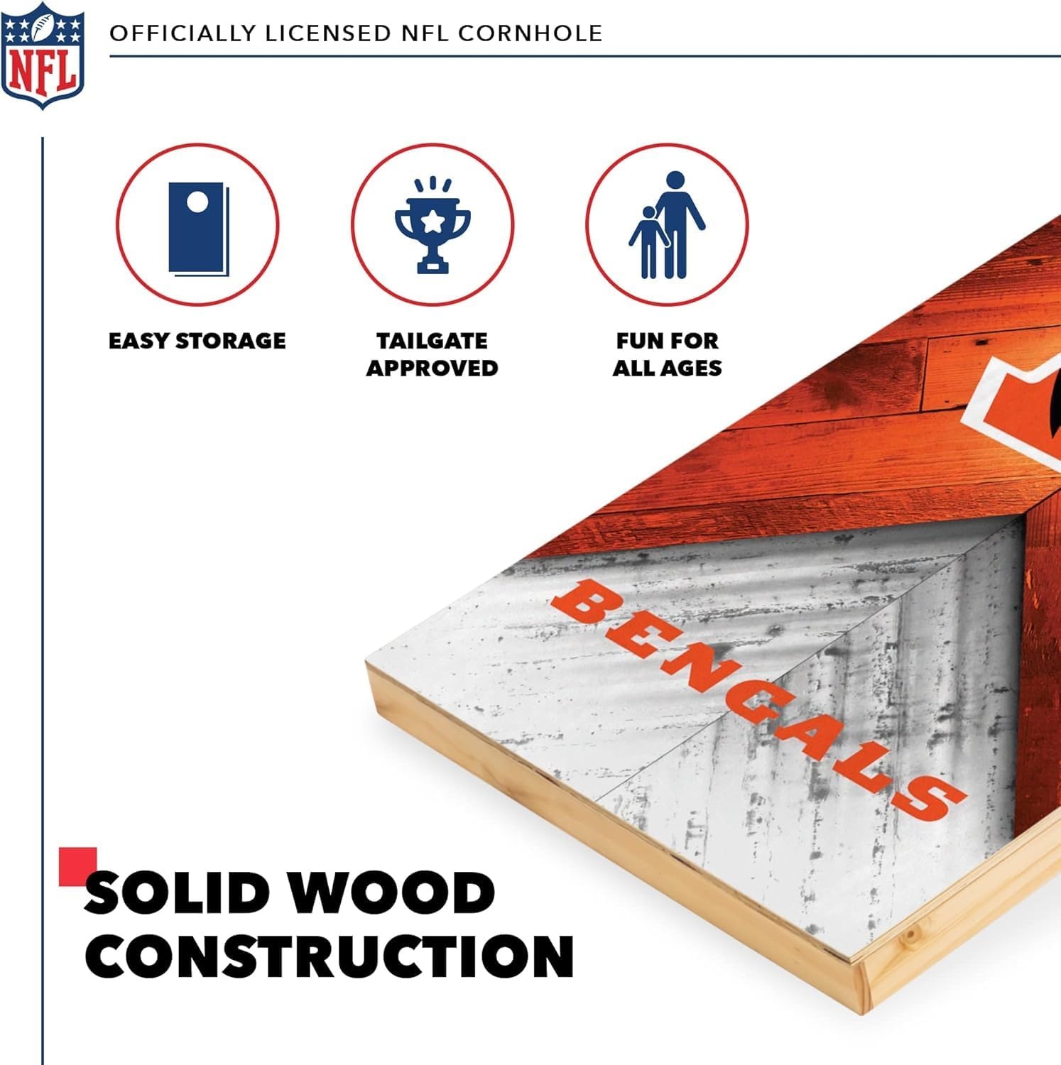 NFL Football 2′ x 4′ Regulation Size Solid Wood Cornhole Set with Direct Print HD Team Graphics Great Gift for Any Football Fan  Bean Bag Toss Family Outdoor Game(Cincinnati Bengals)