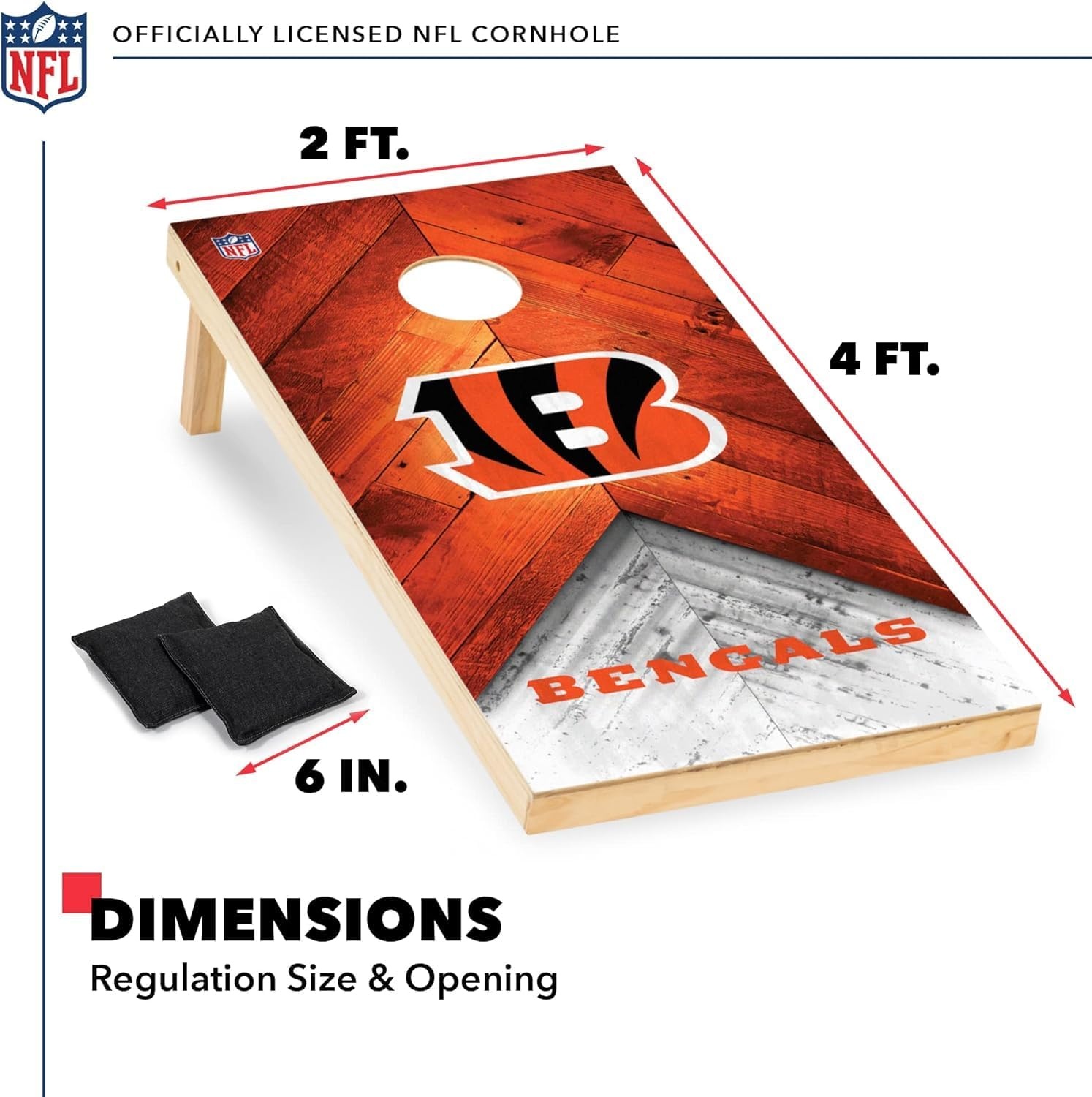 NFL Football 2′ x 4′ Regulation Size Solid Wood Cornhole Set with Direct Print HD Team Graphics Great Gift for Any Football Fan  Bean Bag Toss Family Outdoor Game(Cincinnati Bengals)