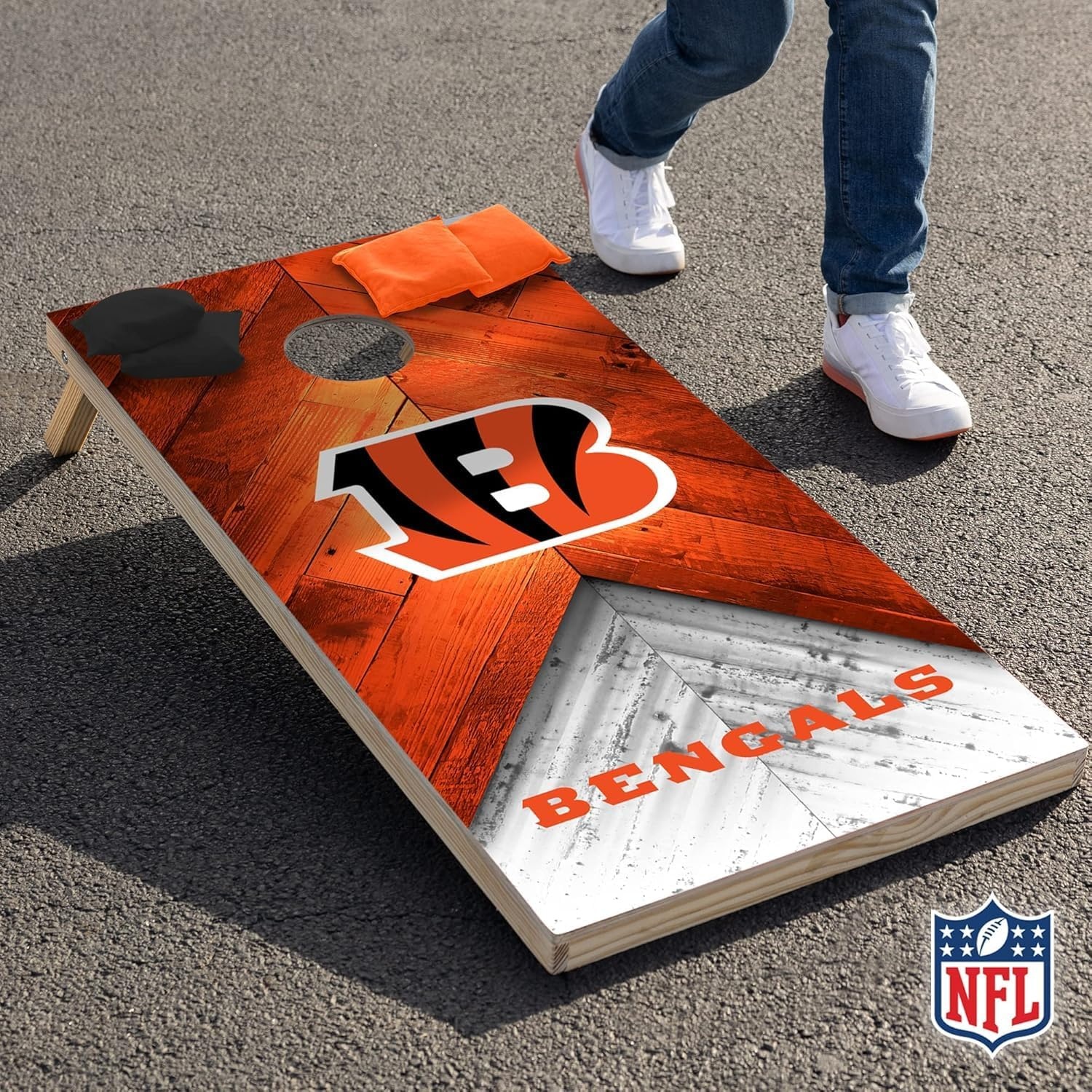 NFL Football 2′ x 4′ Regulation Size Solid Wood Cornhole Set with Direct Print HD Team Graphics Great Gift for Any Football Fan  Bean Bag Toss Family Outdoor Game(Cincinnati Bengals)