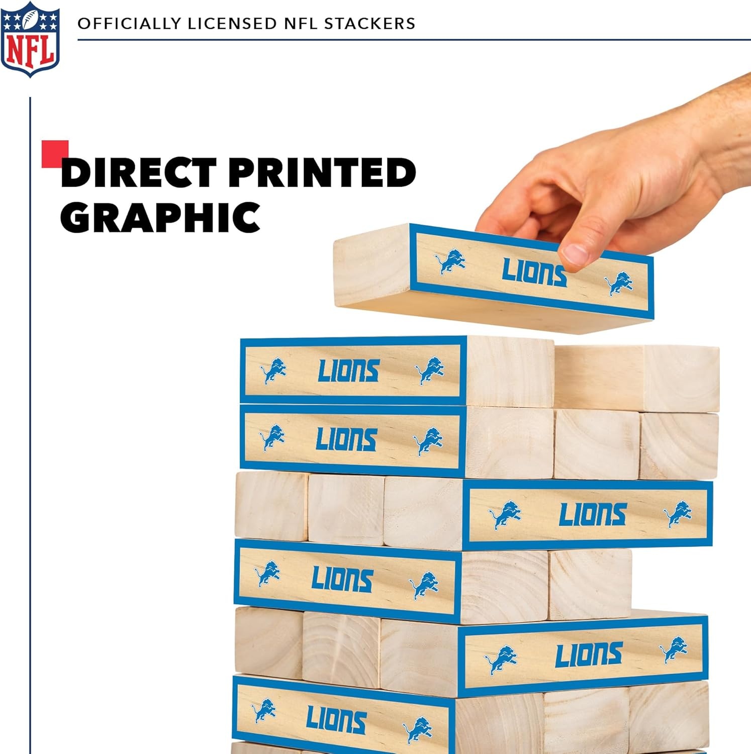 Wild Sports NFL Giant Stacking Wooden Blocks – Tumbling Tower Classic Family Game Stacks – Great Gift for Any Football Fan (Detroit Lions)