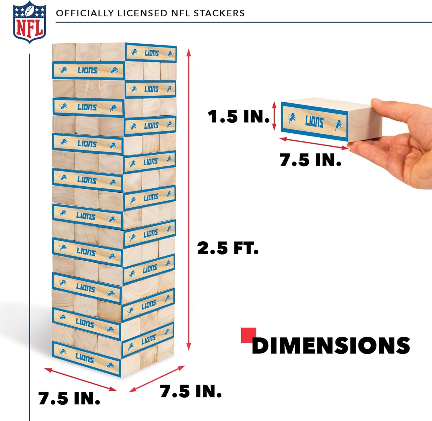 Wild Sports NFL Giant Stacking Wooden Blocks – Tumbling Tower Classic Family Game Stacks – Great Gift for Any Football Fan (Detroit Lions)