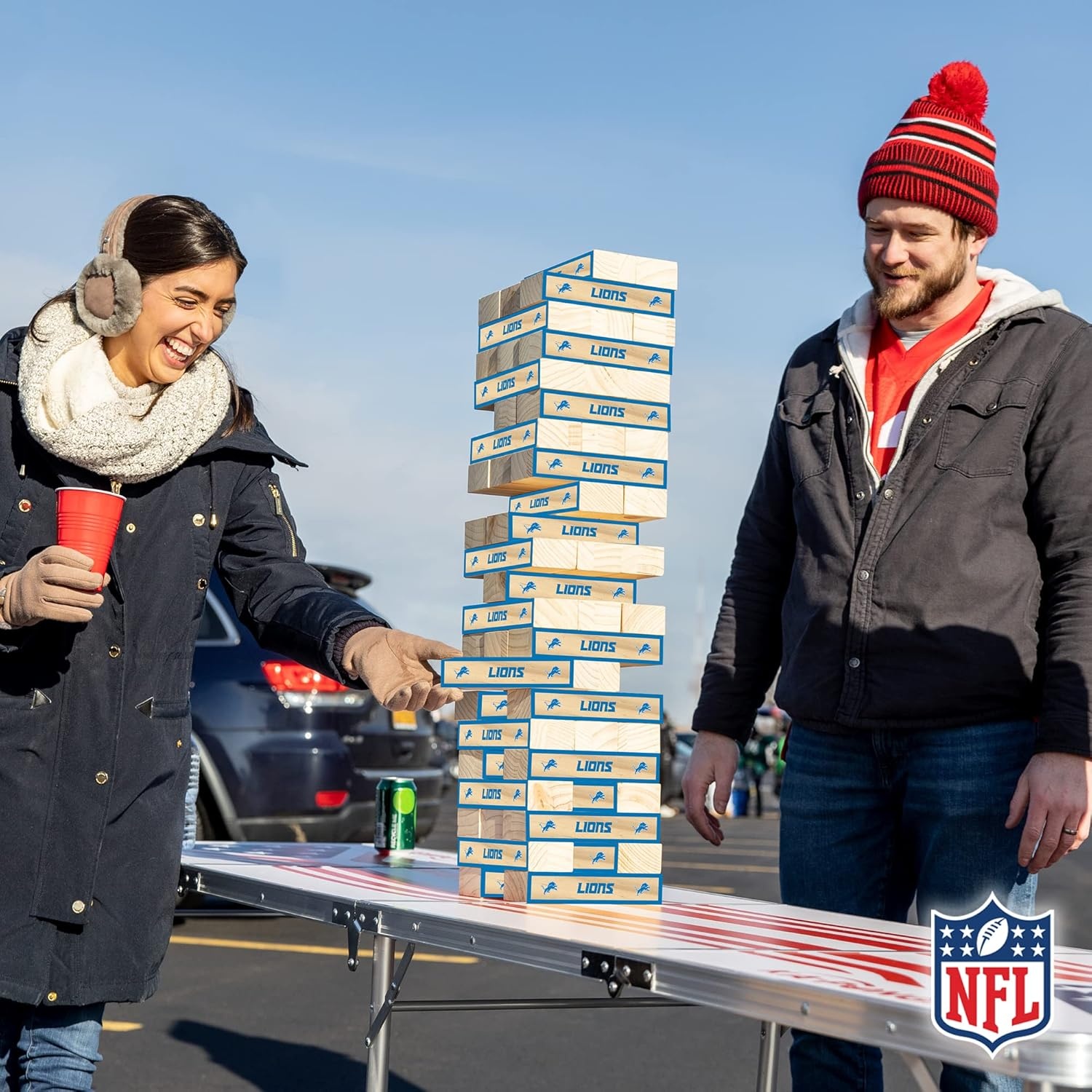Wild Sports NFL Giant Stacking Wooden Blocks – Tumbling Tower Classic Family Game Stacks – Great Gift for Any Football Fan (Detroit Lions)
