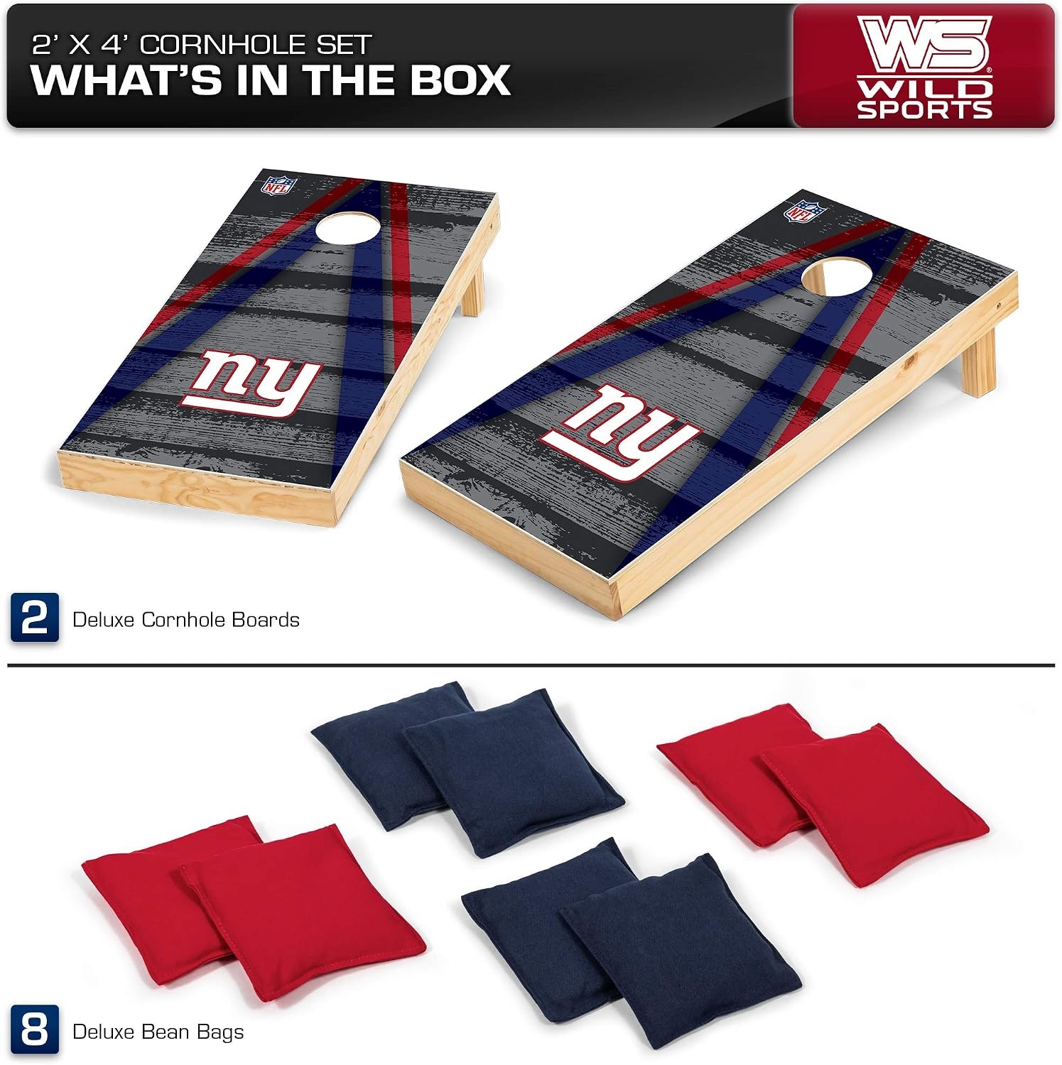 NFL Pro Football 2′ x 4′ Wood Direct Print Tournament Cornhole Set by Wild Sports, Comes with 8 Bean Bags – Perfect for Tailgate, Outdoor, Backyard(New York Giants)