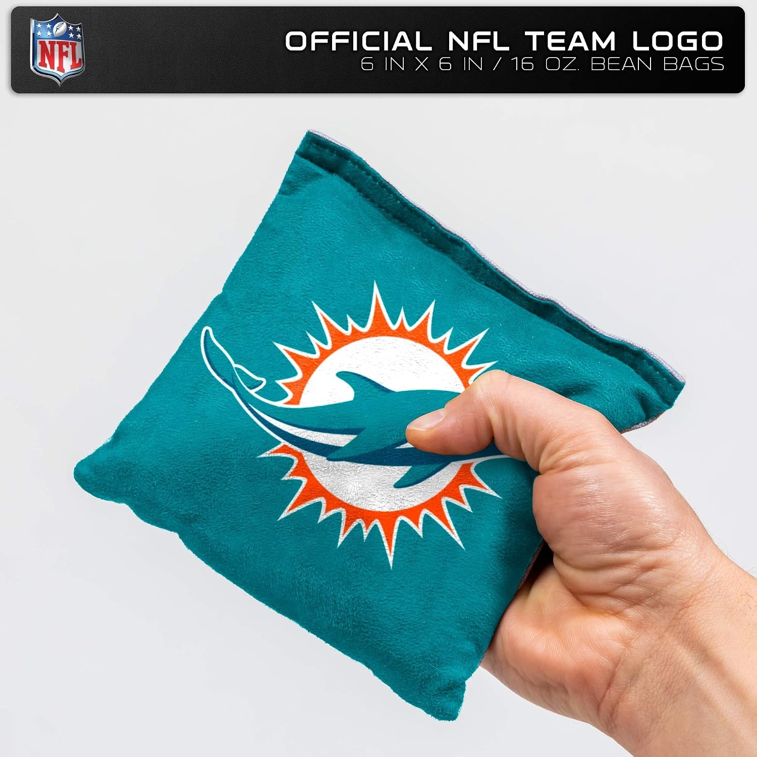 NFL Pro Football Dual Sided Bean Bags by Wild Sports, 8 Count, Premium Toss Bags for Cornhole Set – Great for Tailgates, Outdoors, Backyard(Miami Dolphins)