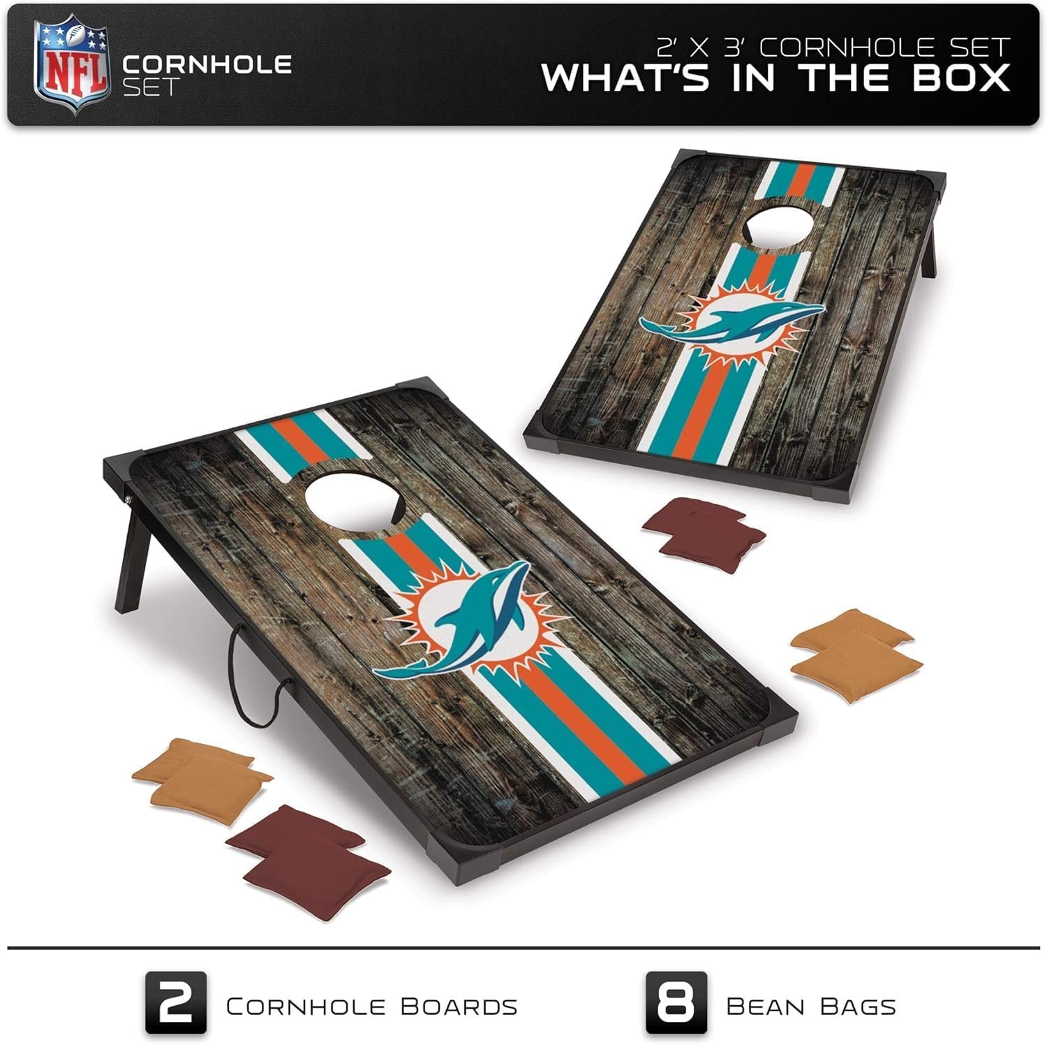 Wild Sports NFL 2′ x 3′ MDF Deluxe Cornhole Set – with Corners and Aprons(Miami Dolphins)