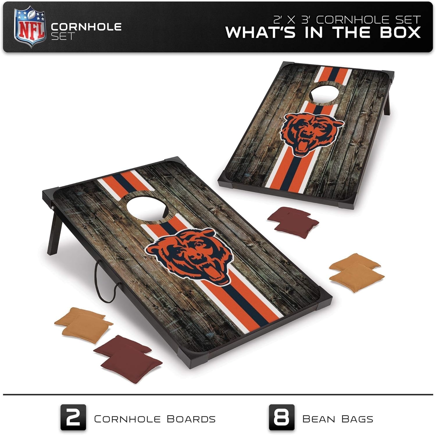 Wild Sports NFL 2′ x 3′ MDF Deluxe Cornhole Set – with Corners and Aprons(Chicago Bears)