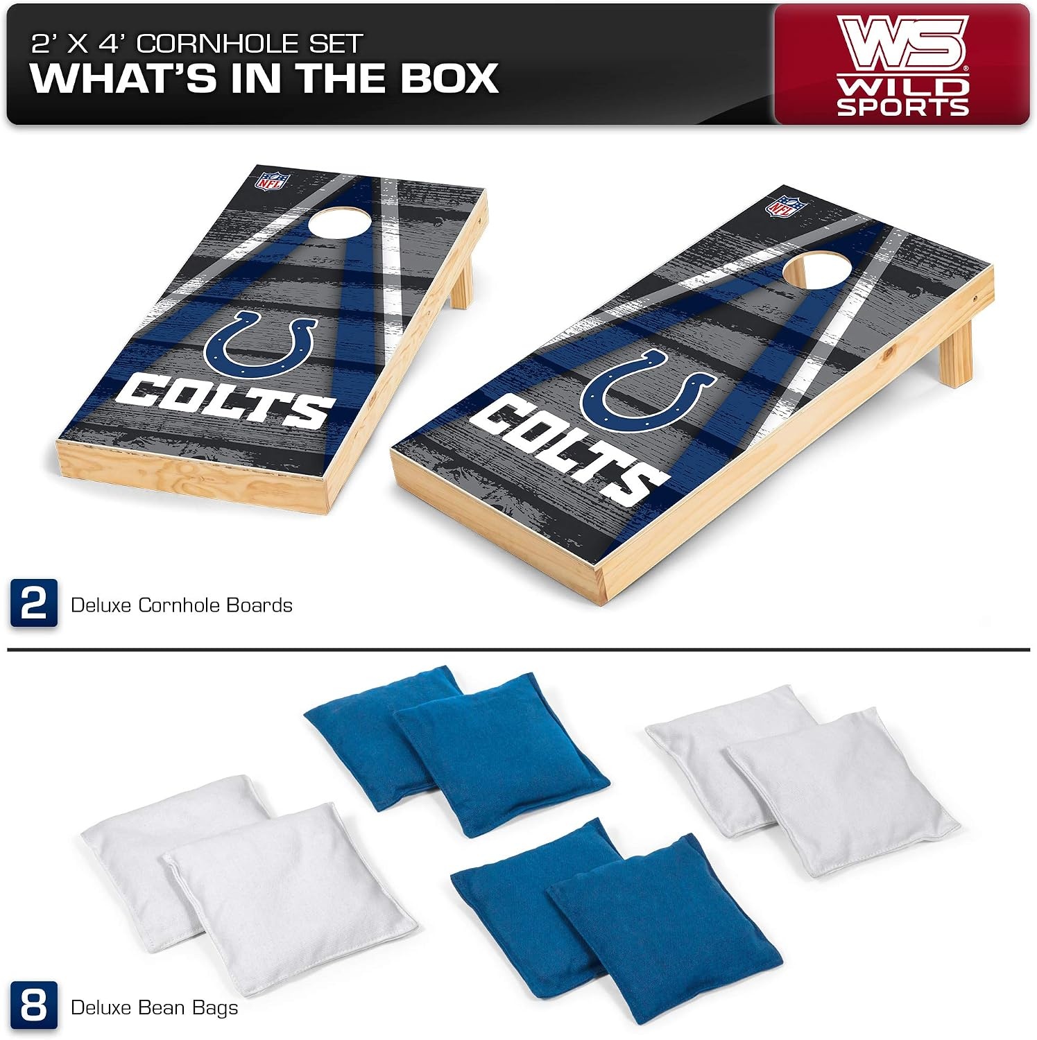 NFL Pro Football 2′ x 4′ Wood Direct Print Tournament Cornhole Set by Wild Sports, Comes with 8 Bean Bags – Perfect for Tailgate, Outdoor, Backyard(Indianapolis Colts)